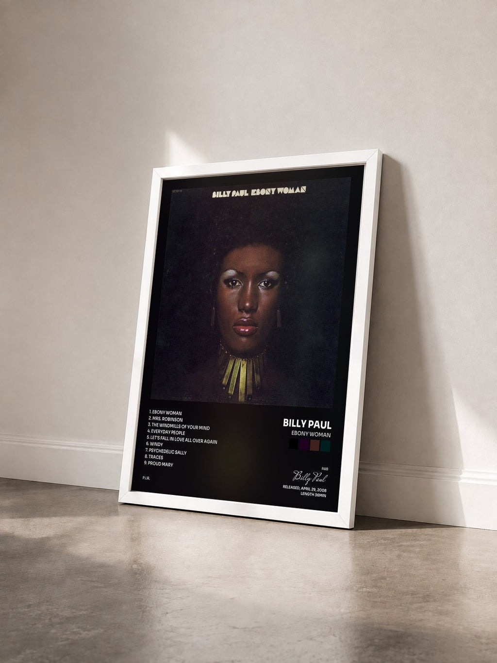 #blanc Tableau de l'album Ebony Woman de Billy Paul vu de trois quarts, cadre blanc