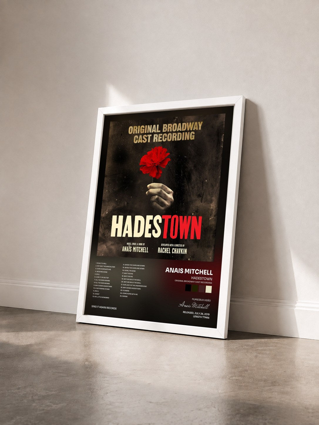 #blanc Tableau de l'album Hadestown (Original Broadway Cast Recording) de Anais Mitchell vu de trois quarts, cadre blanc