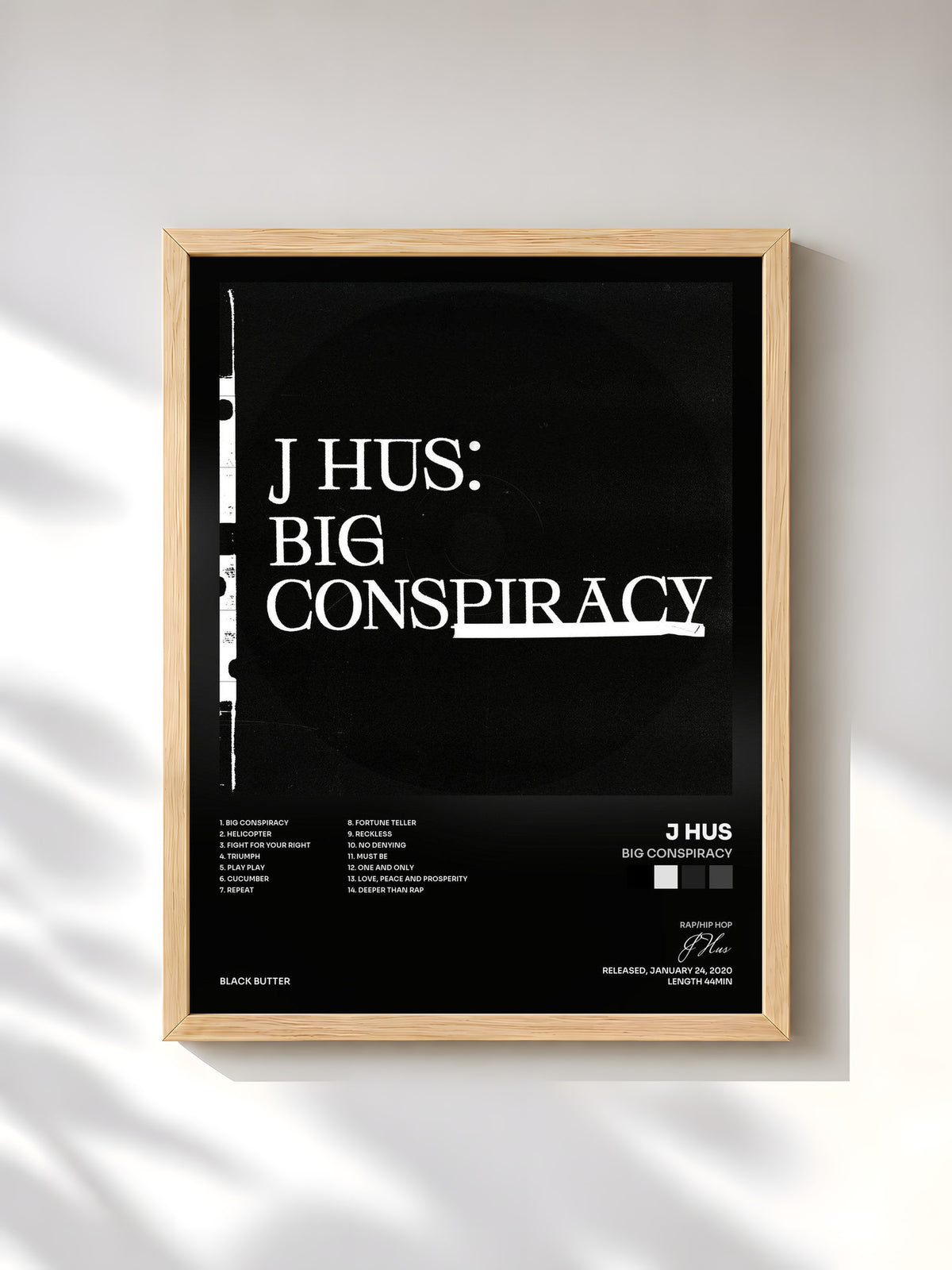 #bois Tableau de l'album Big Conspiracy de J Hus, cadre en bois brut, imprimé et encadré en France