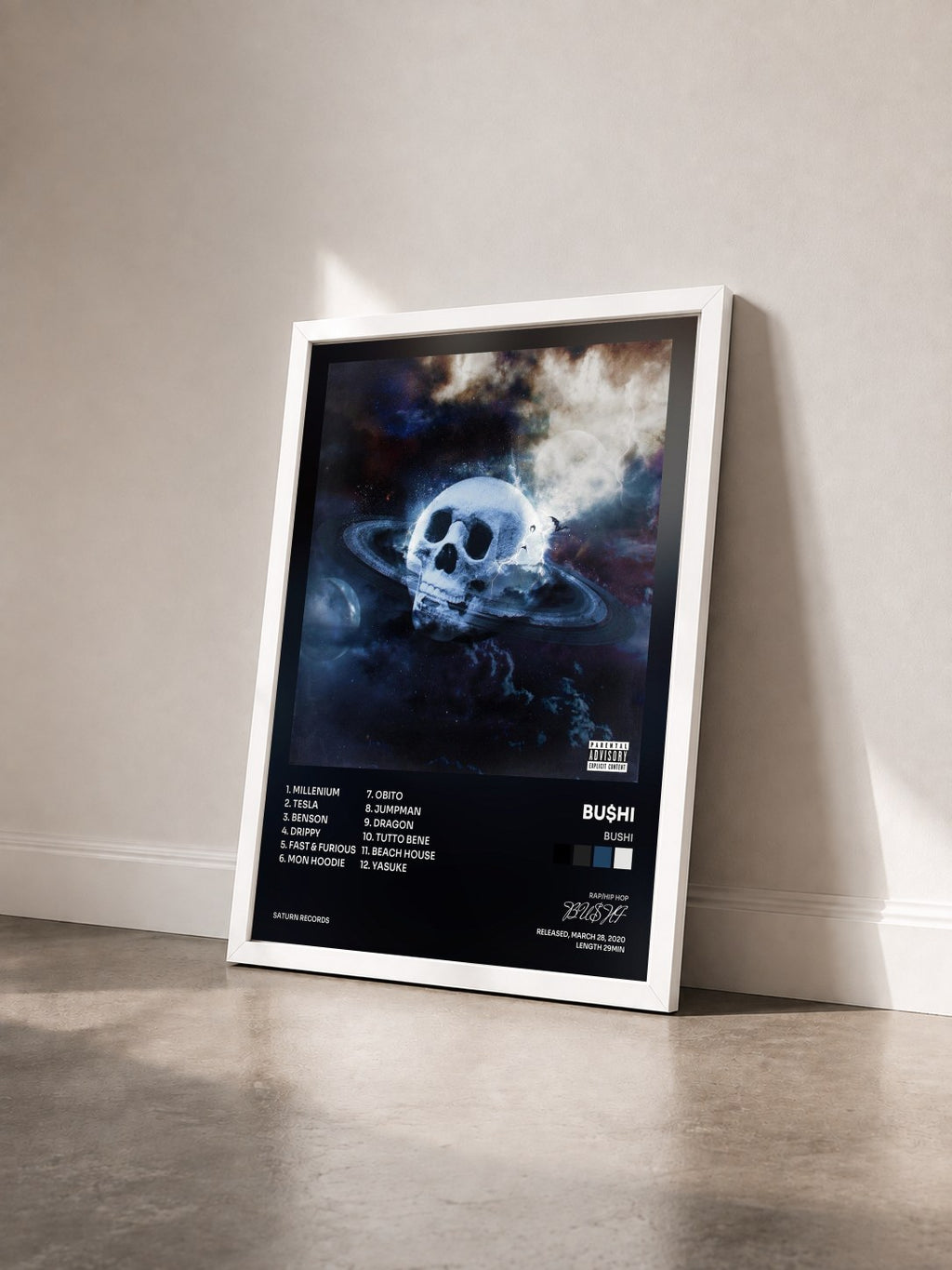 #blanc Tableau de l'album Bushi de BU$HI vu de trois quarts, cadre blanc
