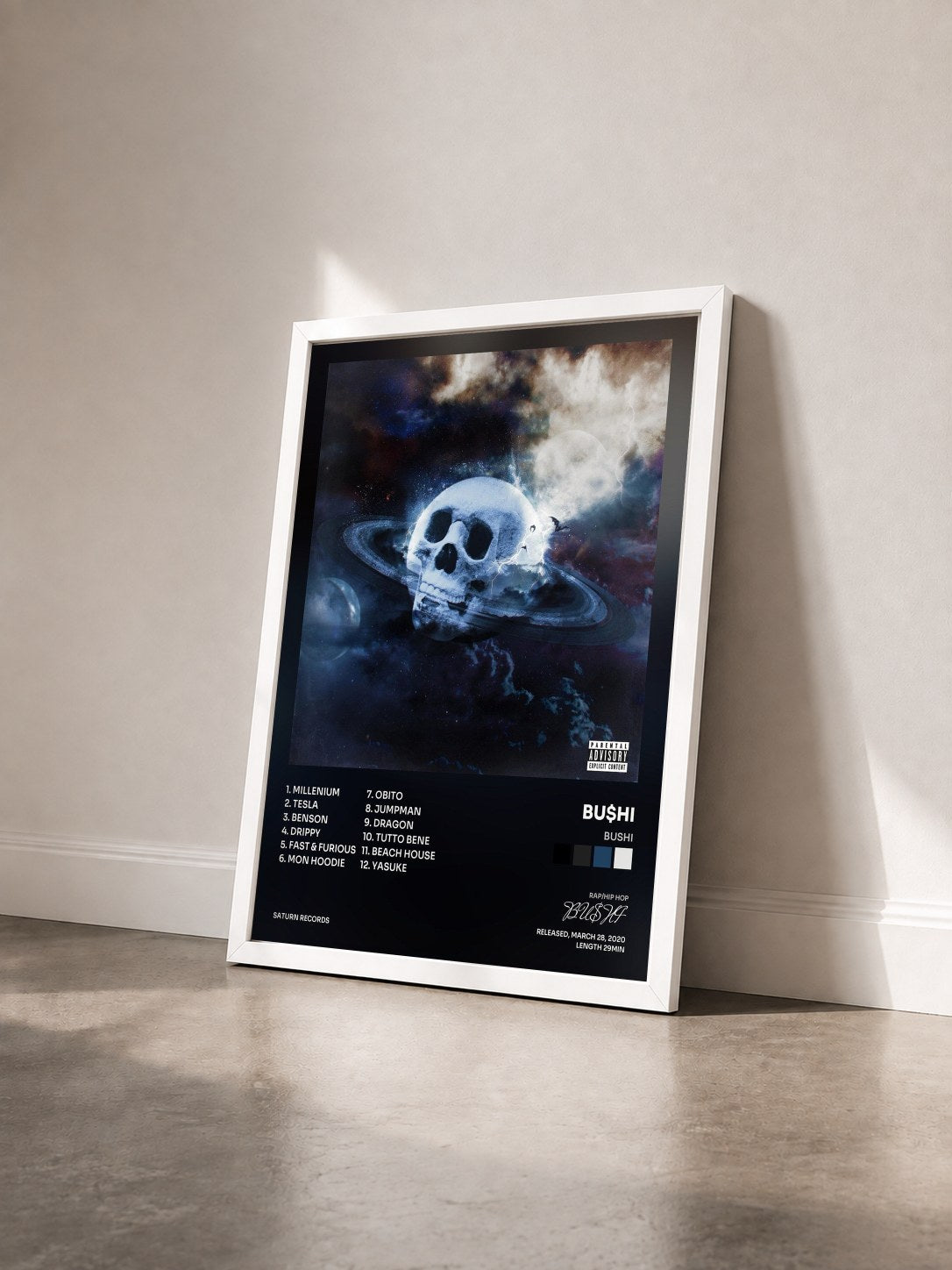 #blanc Tableau de l'album Bushi de BU$HI vu de trois quarts, cadre blanc