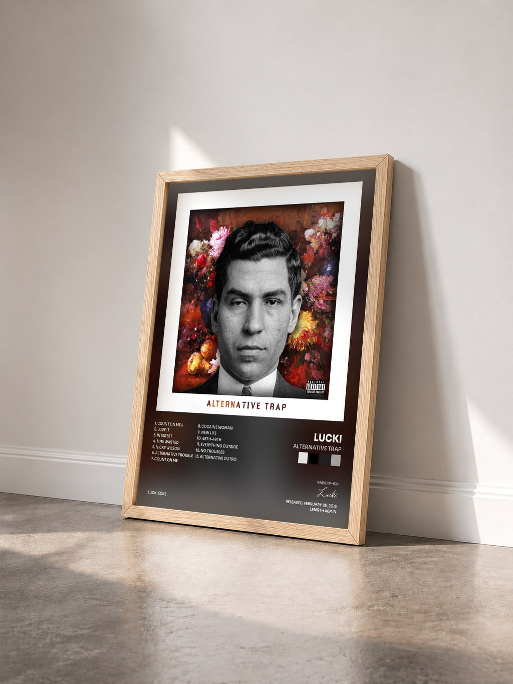 #bois Tableau de l'album Alternative Trap de Lucki vu de trois quarts, cadre en bois brut