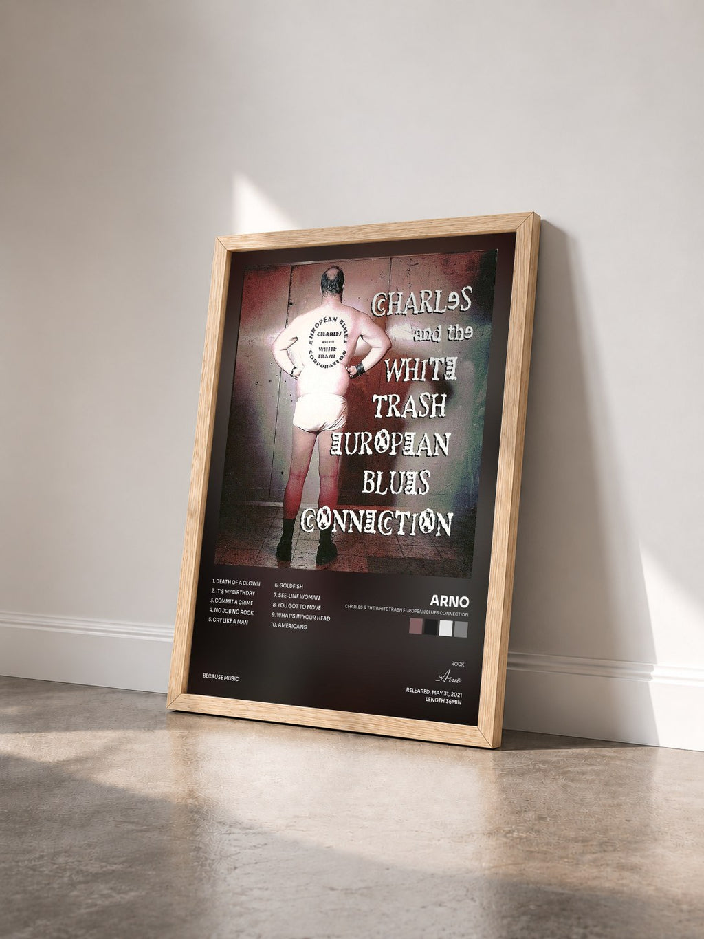 #bois Tableau de l'album Charles & The White Trash European Blues Connection de Arno vu de trois quarts, cadre en bois brut