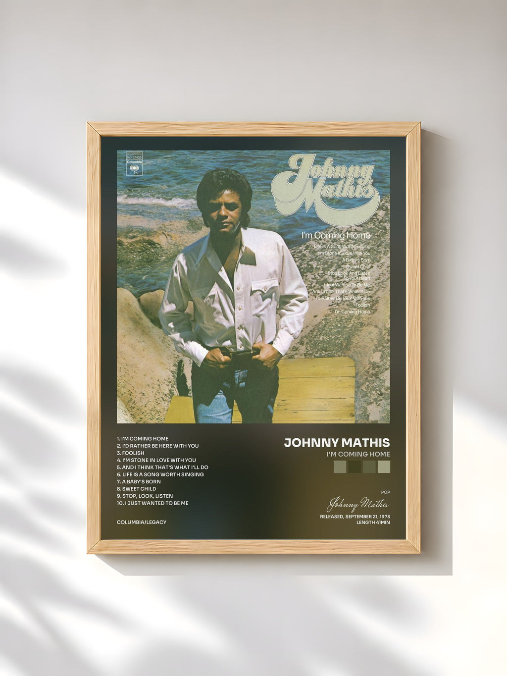 #bois Tableau de l'album I'm Coming Home de Johnny Mathis, cadre en bois brut, imprimé et encadré en France