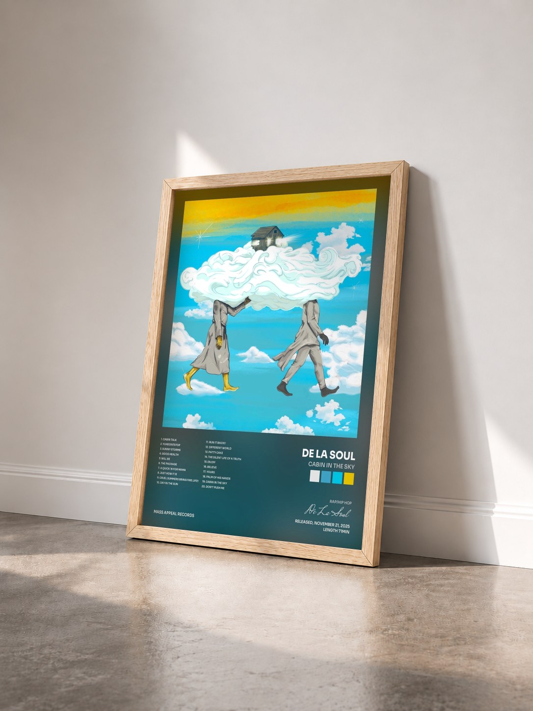 #bois Tableau de l'album Cabin In The Sky de De La Soul vu de trois quarts, cadre en bois brut