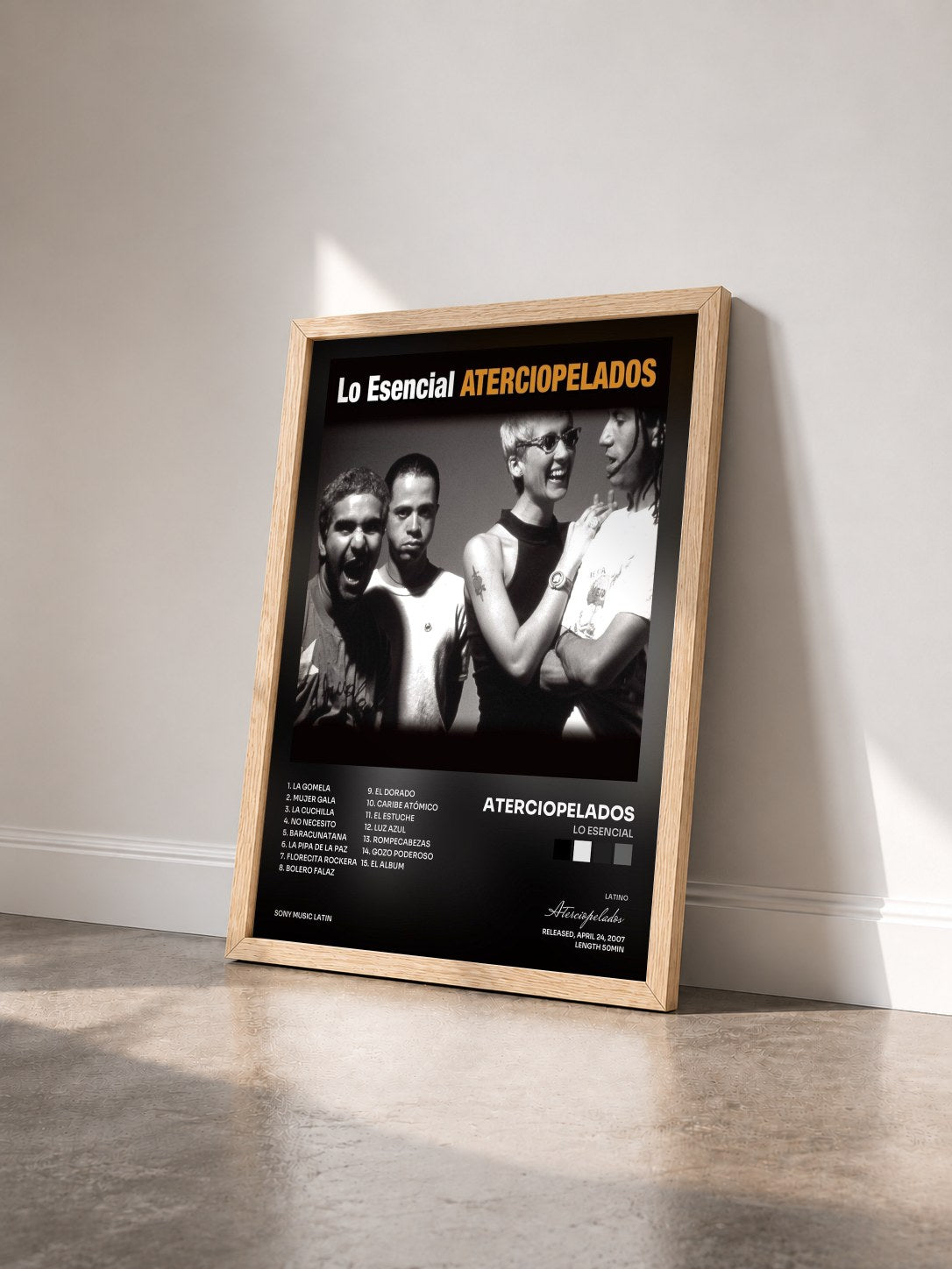 #bois Tableau de l'album Lo Esencial de Aterciopelados vu de trois quarts, cadre en bois brut