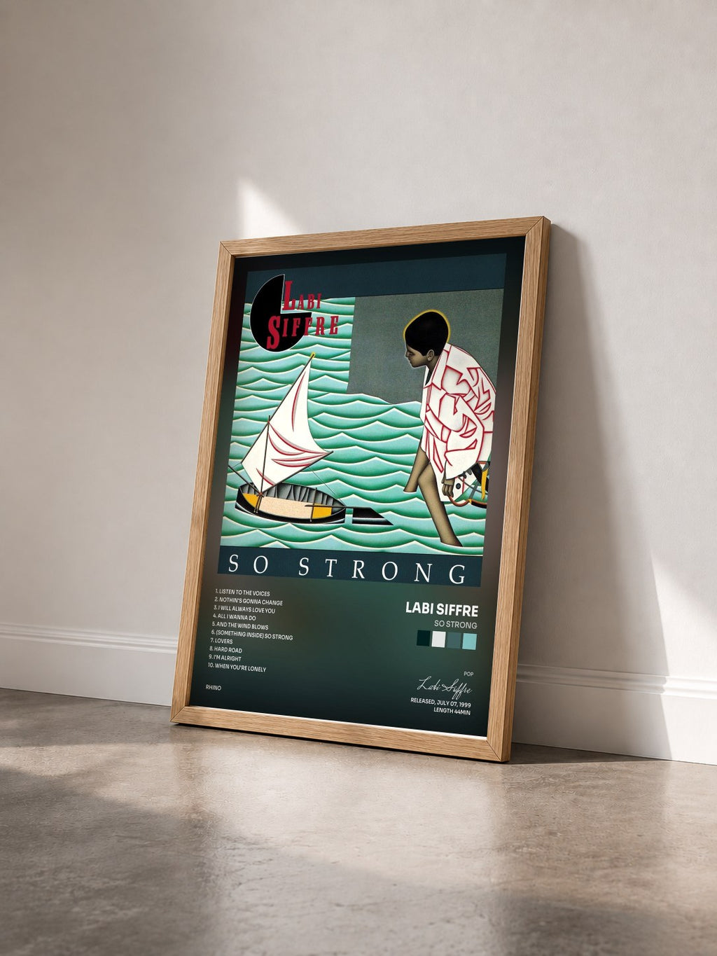 #bois Tableau de l'album So Strong de Labi Siffre vu de trois quarts, cadre en bois brut
