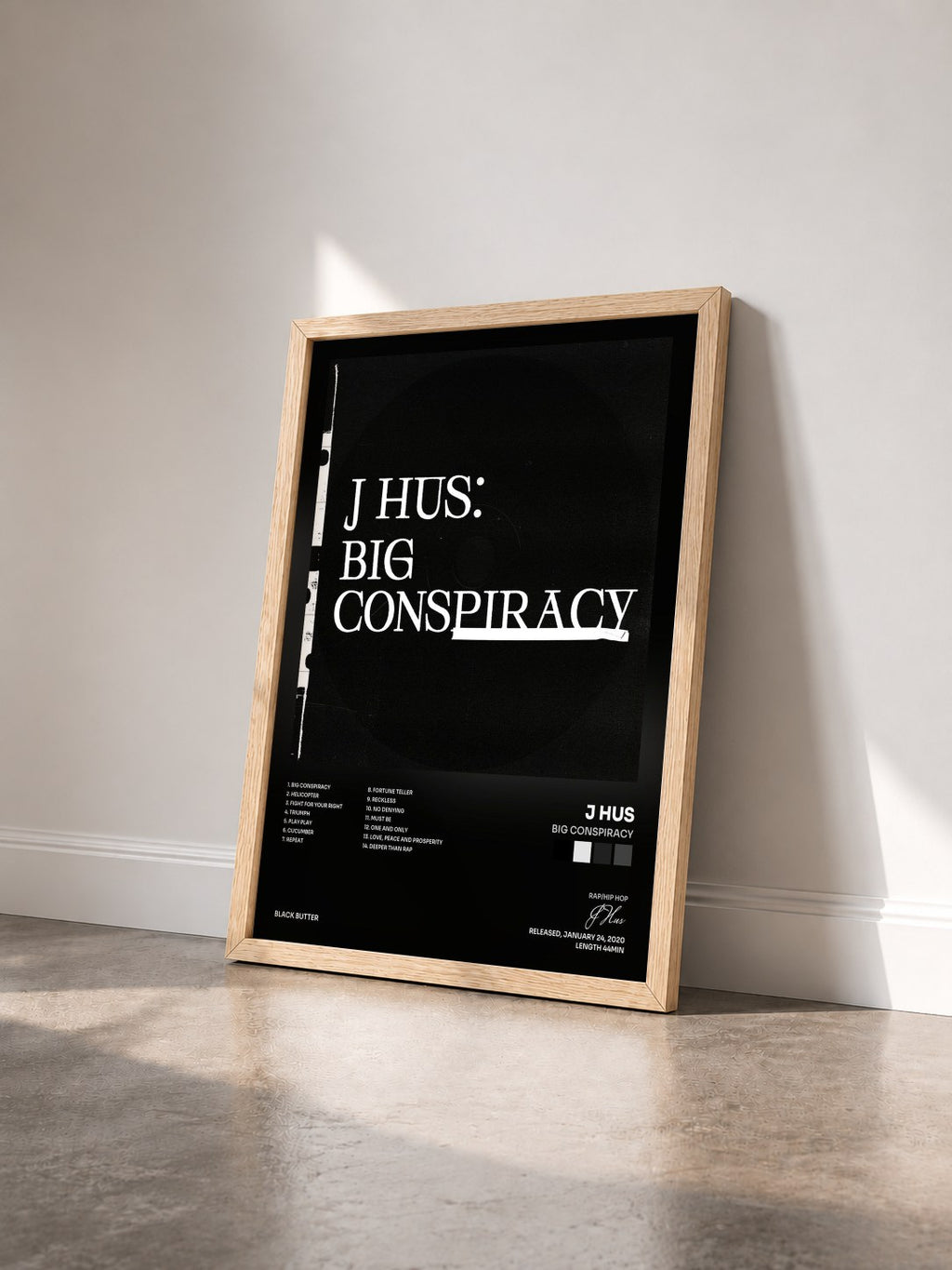 #bois Tableau de l'album Big Conspiracy de J Hus vu de trois quarts, cadre en bois brut