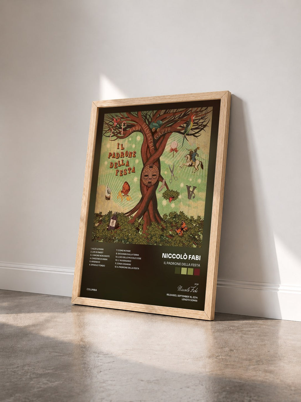 #bois Tableau de l'album Il padrone della festa de Niccolò Fabi vu de trois quarts, cadre en bois brut