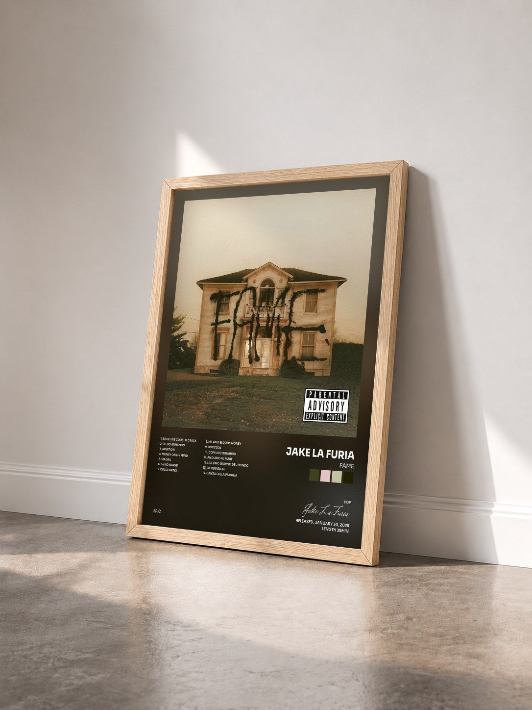 #bois Tableau de l'album FAME de Jake La Furia vu de trois quarts, cadre en bois brut