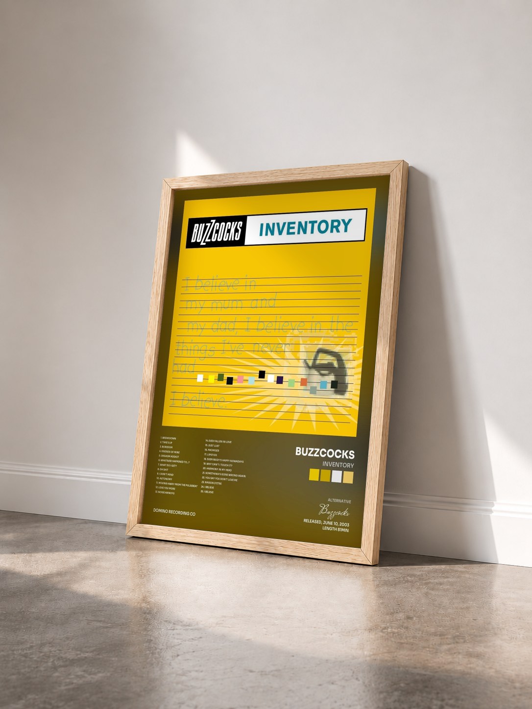 #bois Tableau de l'album Inventory de Buzzcocks vu de trois quarts, cadre en bois brut