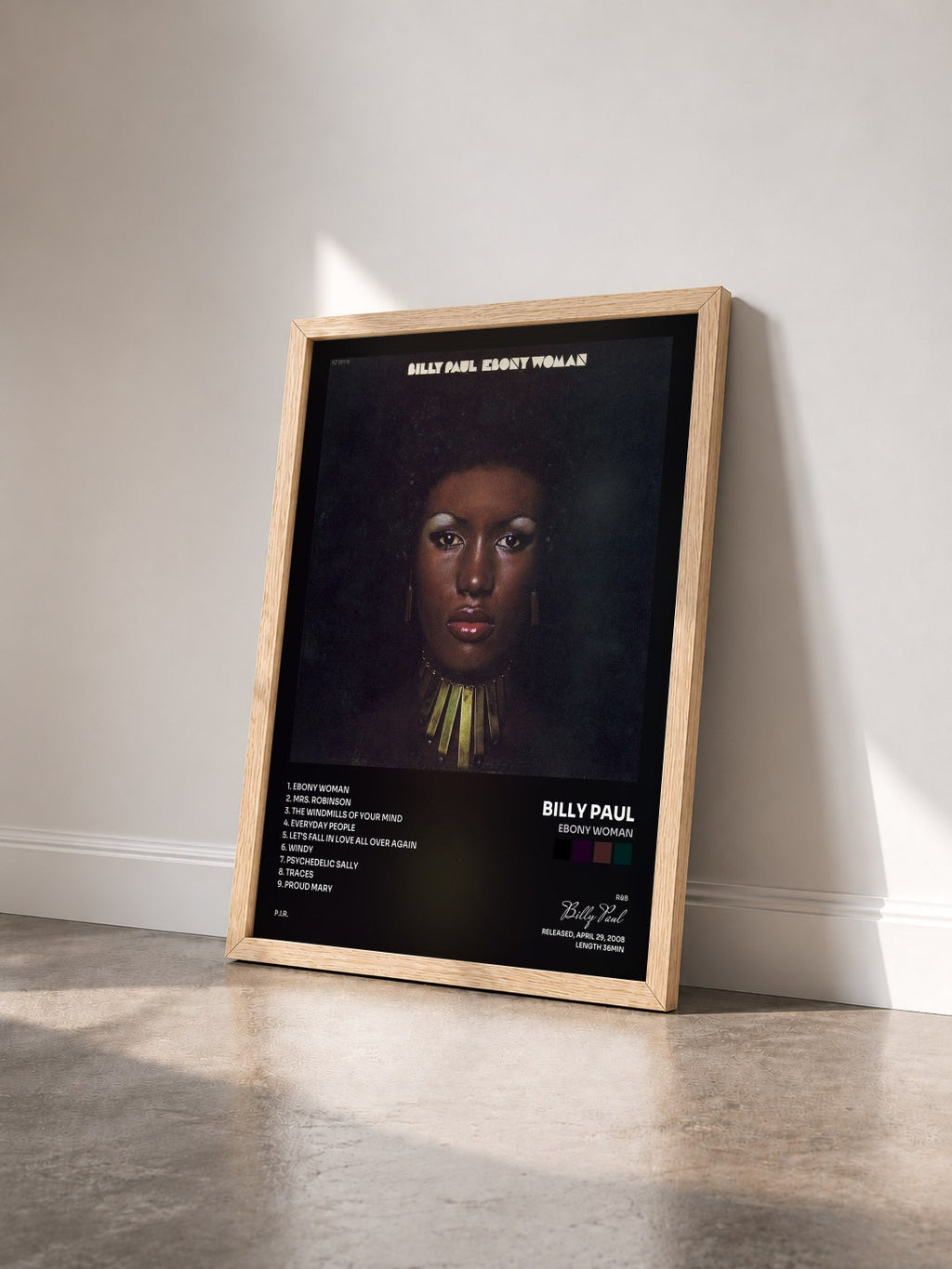 #bois Tableau de l'album Ebony Woman de Billy Paul vu de trois quarts, cadre en bois brut