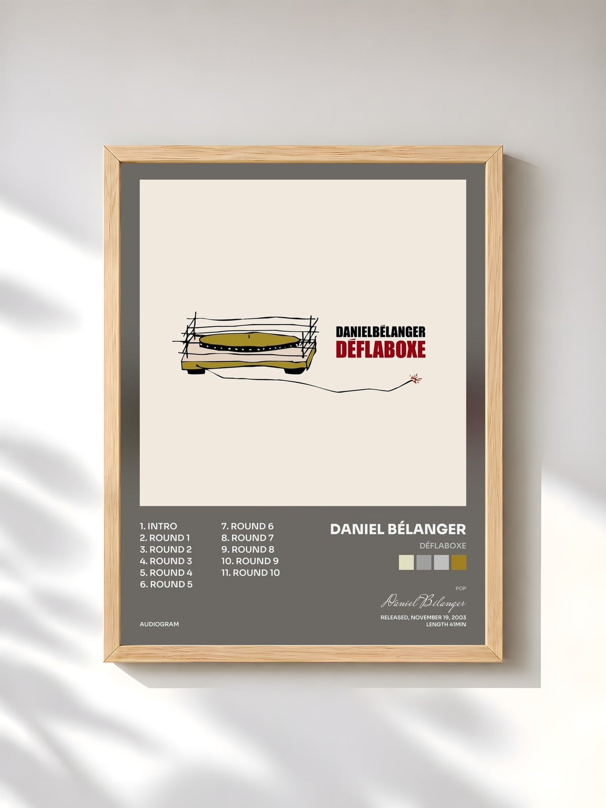 #bois Tableau de l'album Déflaboxe de Daniel Bélanger, cadre en bois brut, imprimé et encadré en France