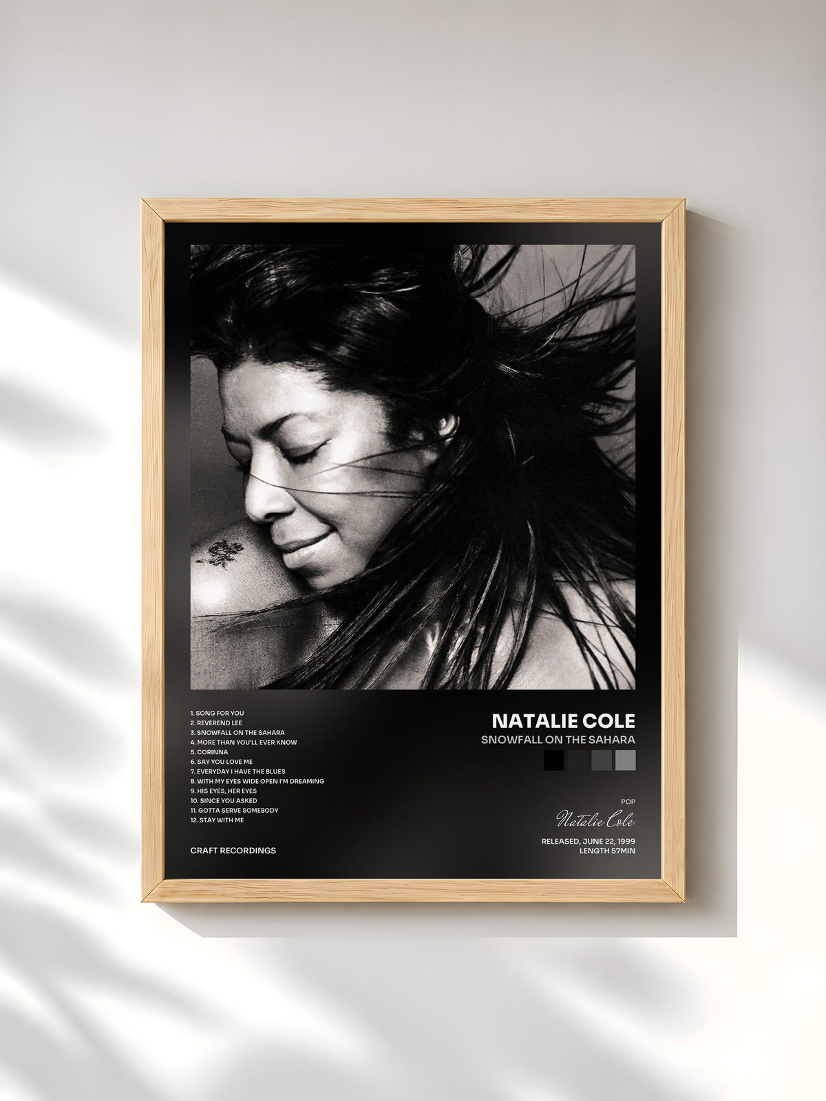 #bois Tableau de l'album Snowfall On The Sahara de Natalie Cole, cadre en bois brut, imprimé et encadré en France