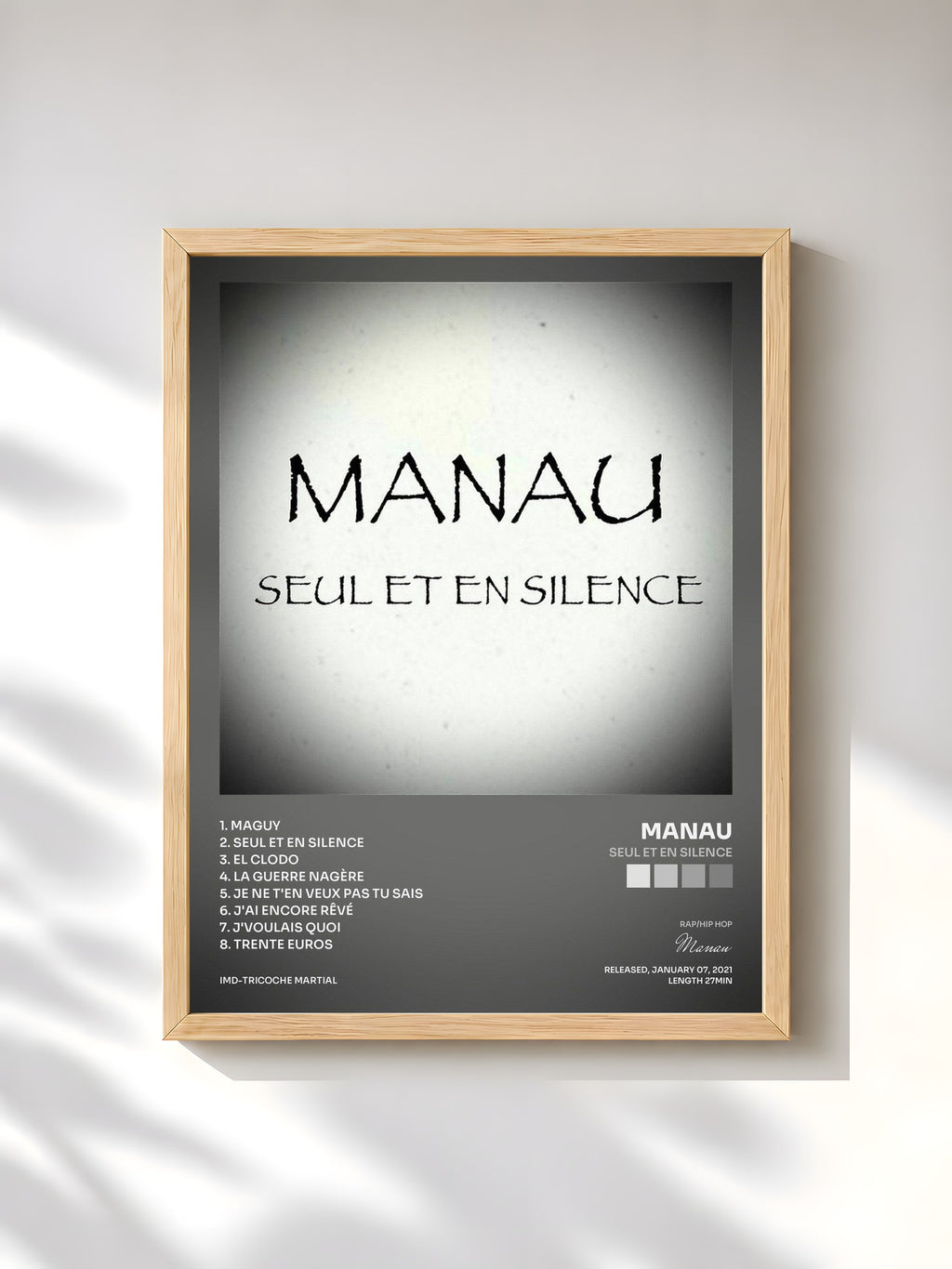 #bois Tableau de l'album Seul et en silence de Manau, cadre en bois brut, imprimé et encadré en France