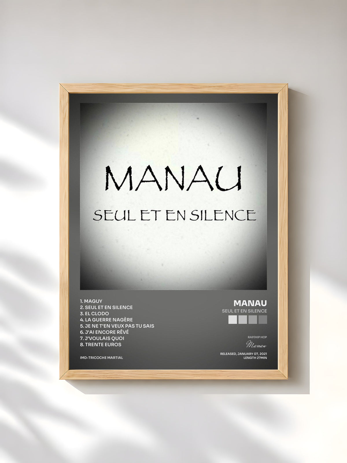 #bois Tableau de l'album Seul et en silence de Manau, cadre en bois brut, imprimé et encadré en France