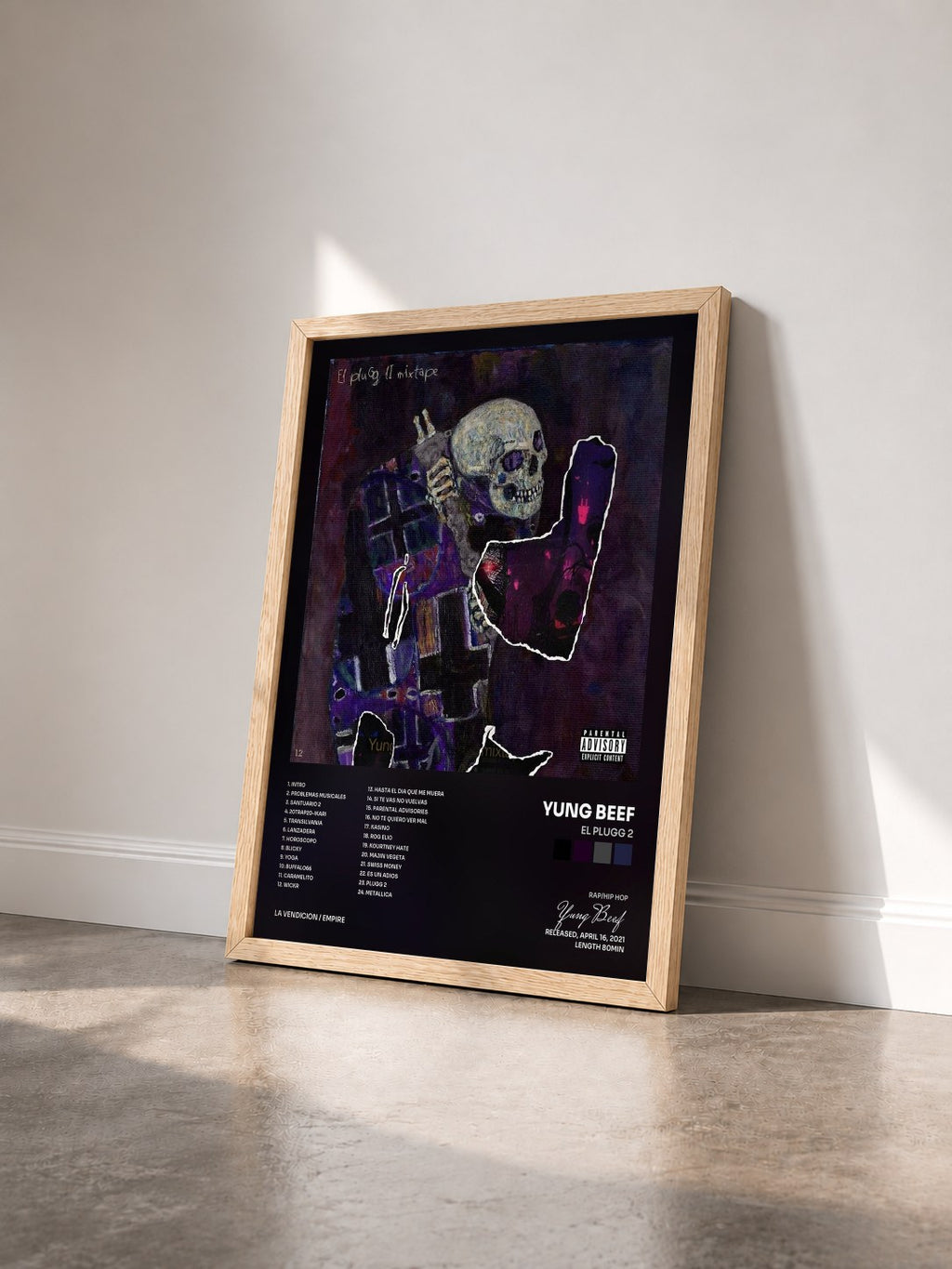 #bois Tableau de l'album El Plugg 2 de Yung Beef vu de trois quarts, cadre en bois brut
