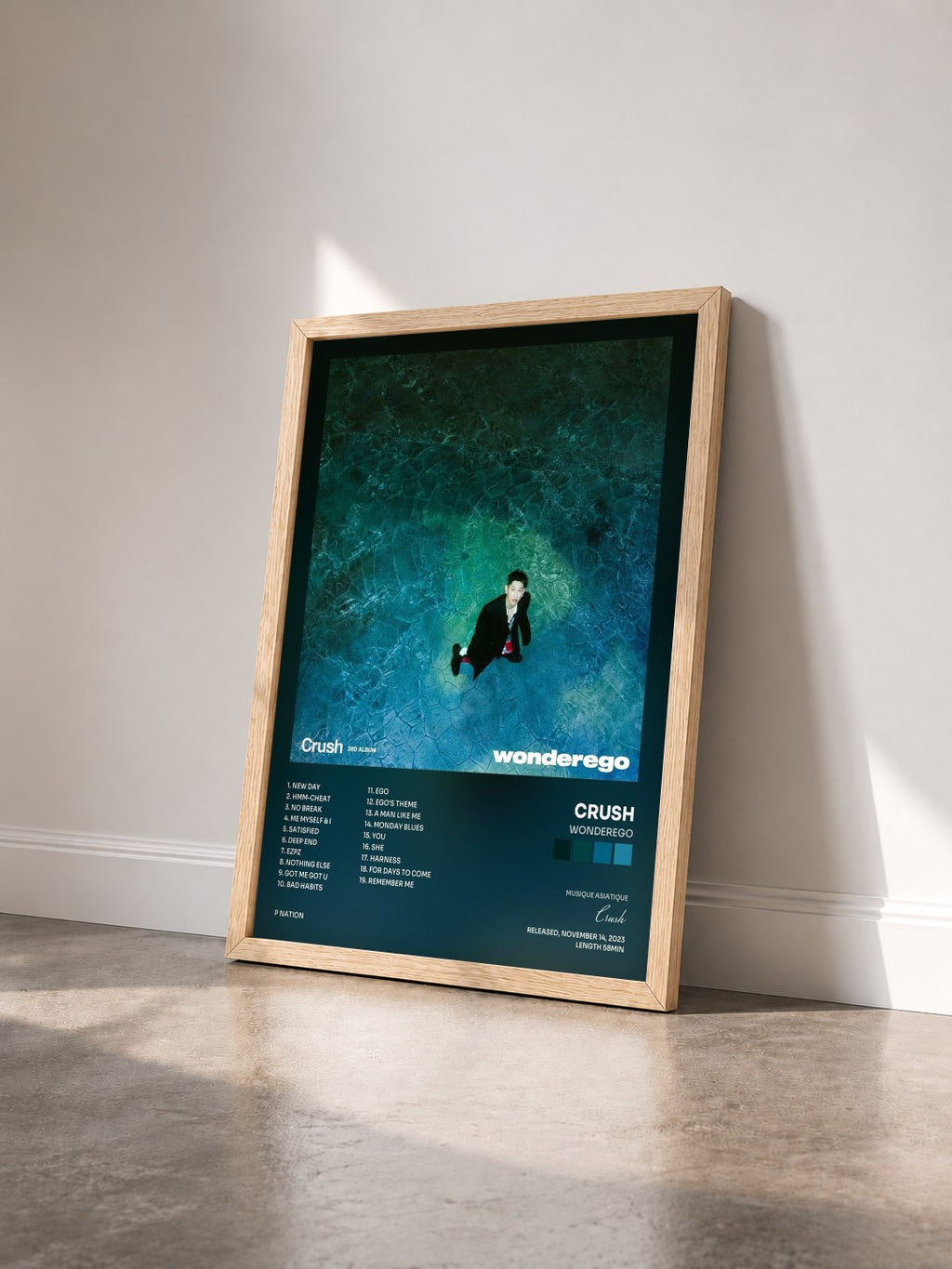 #bois Tableau de l'album wonderego de Crush vu de trois quarts, cadre en bois brut