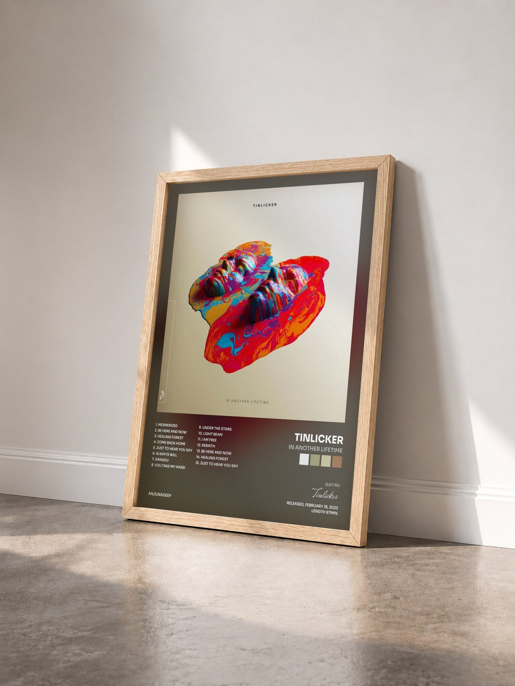 #bois Tableau de l'album In Another Lifetime de Tinlicker vu de trois quarts, cadre en bois brut