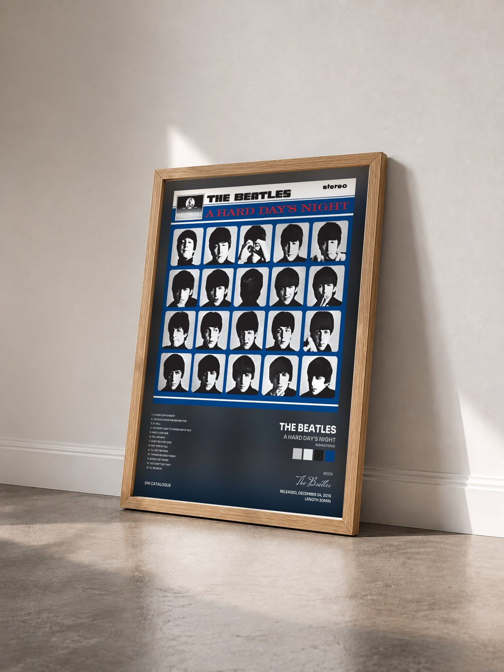 #bois Tableau de l'album A Hard Day's Night (Remastered) de The Beatles vu de trois quarts, cadre en bois brut
