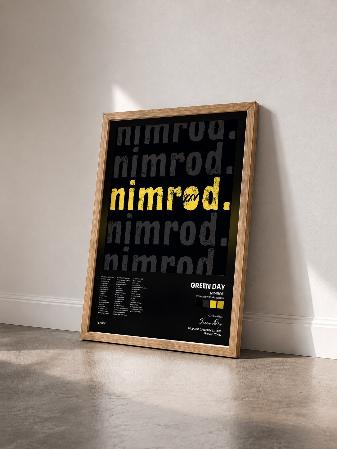 #bois Tableau de l'album Nimrod (25th Anniversary Edition) de Green Day vu de trois quarts, cadre en bois brut