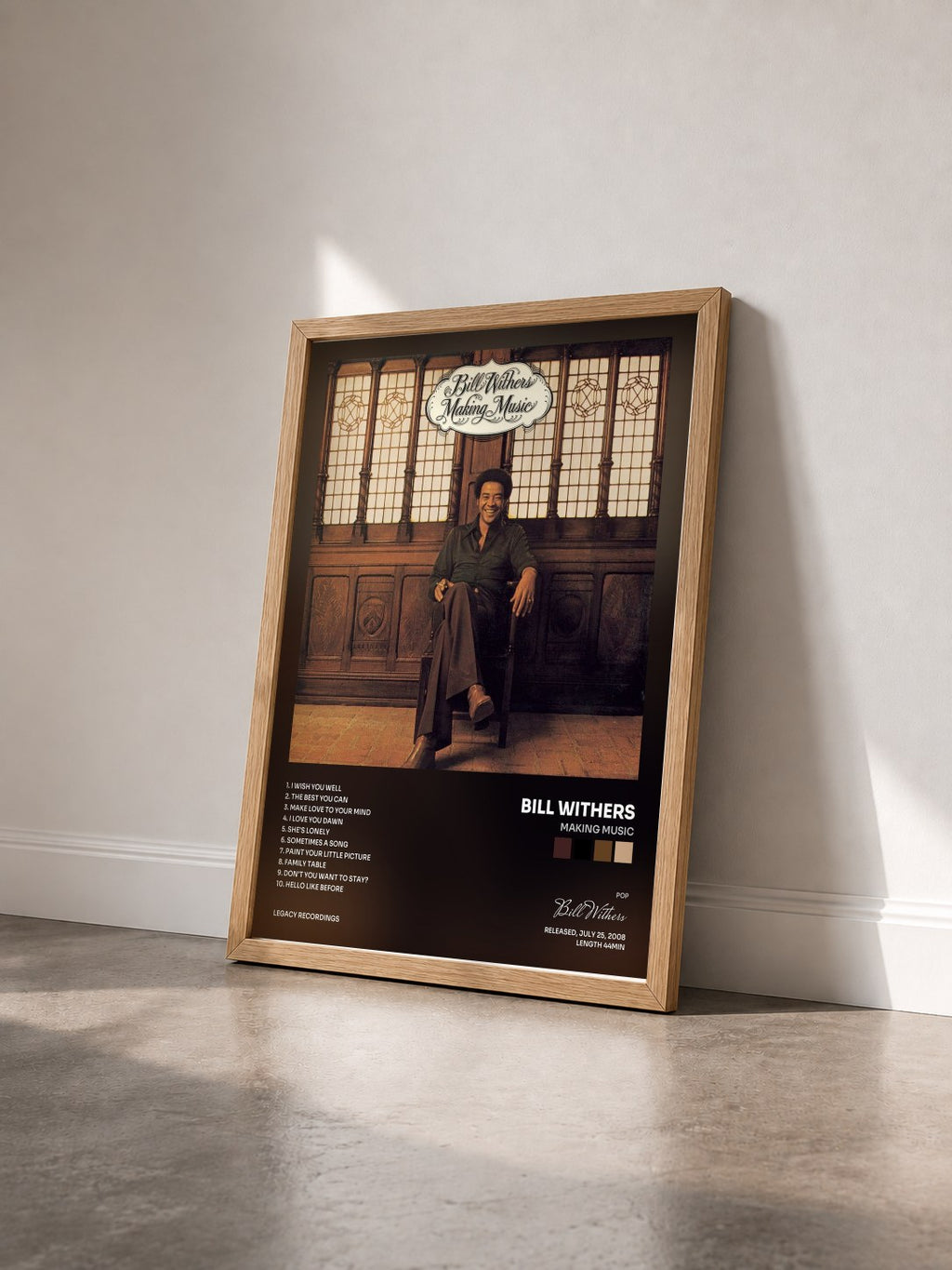 #bois Tableau de l'album Making Music de Bill Withers vu de trois quarts, cadre en bois brut