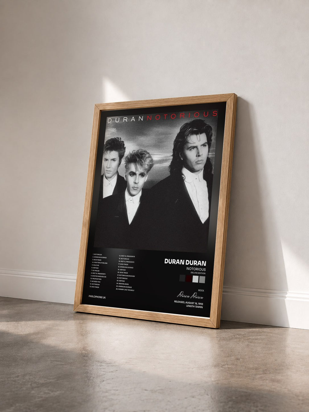 #bois Tableau de l'album Notorious (Deluxe Edition) de Duran Duran vu de trois quarts, cadre en bois brut