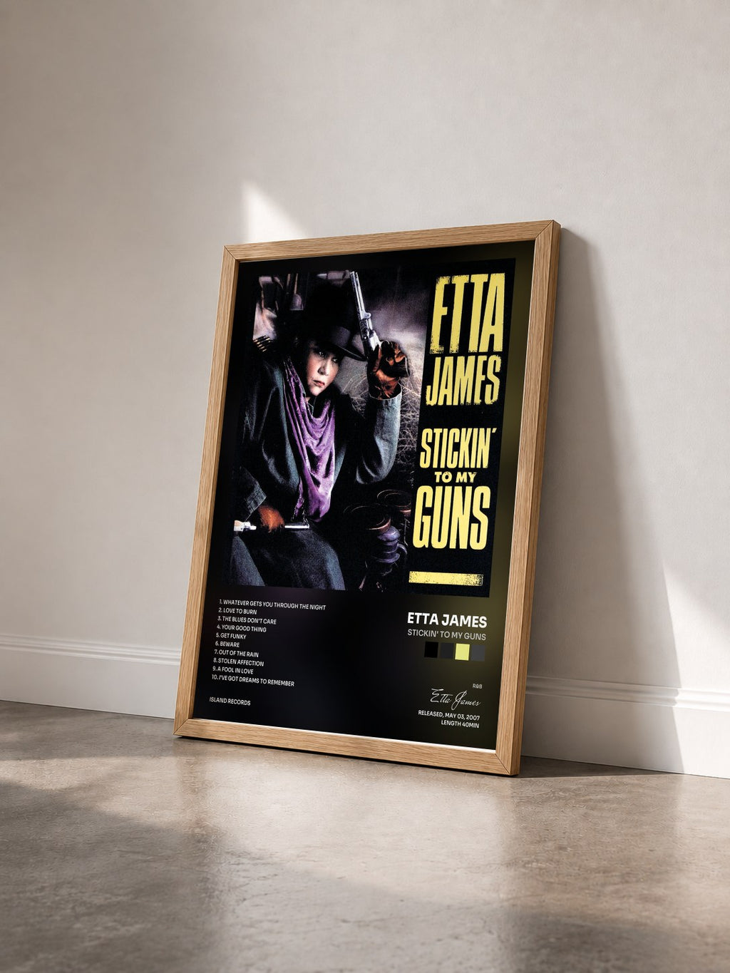 #bois Tableau de l'album Stickin' To My Guns de Etta James vu de trois quarts, cadre en bois brut