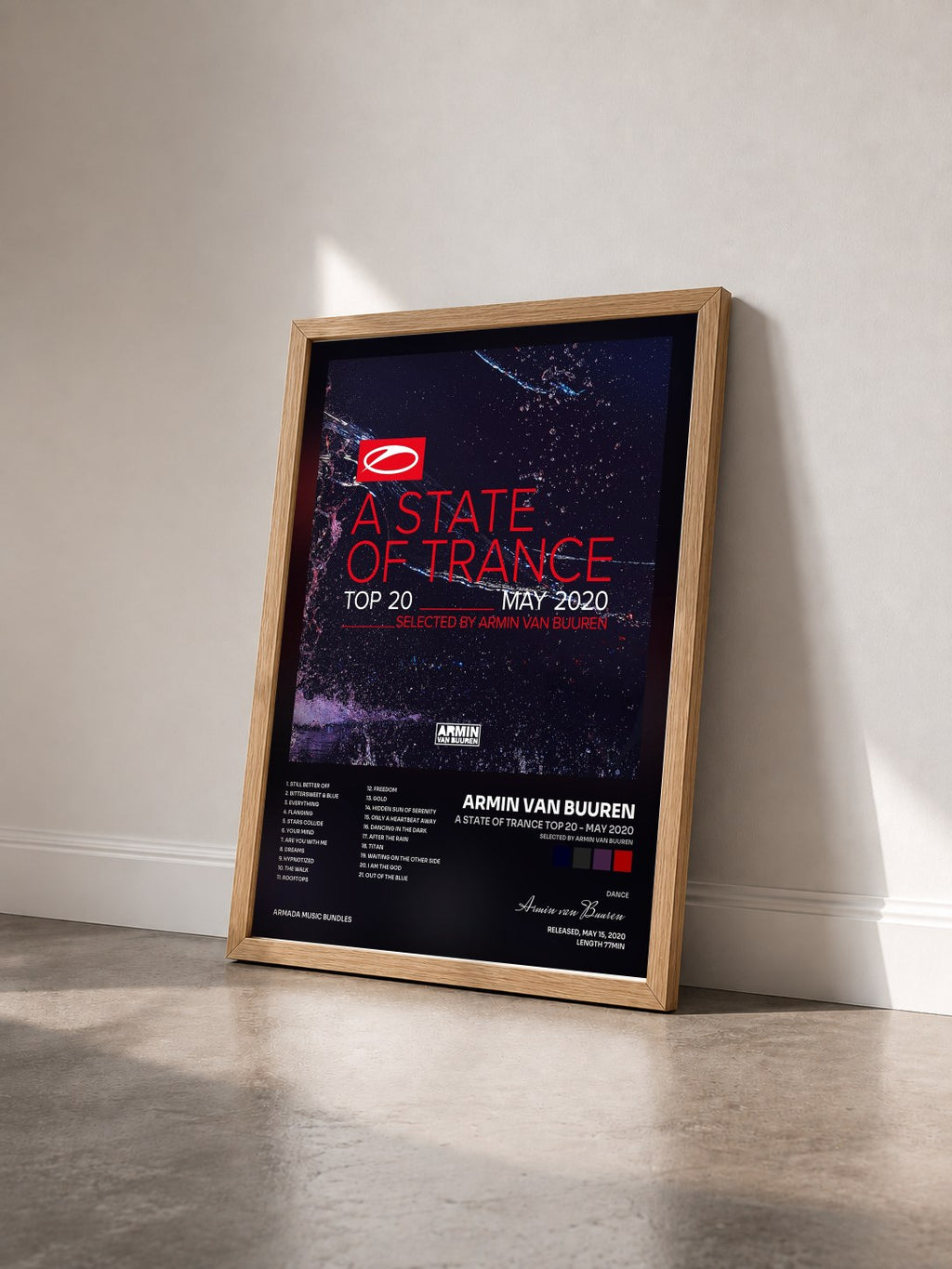 #bois Tableau de l'album A State Of Trance Top 20 - May 2020 (Selected by Armin van Buuren) de Armin van Buuren vu de trois quarts, cadre en bois brut