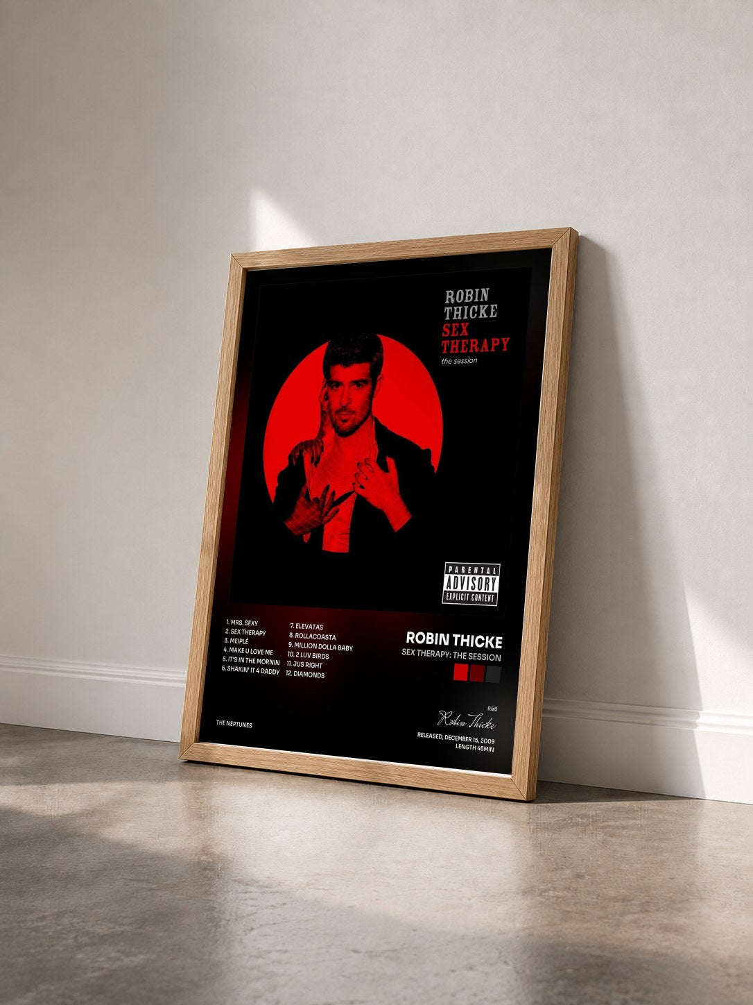 #bois Tableau de l'album Sex Therapy: The Session de Robin Thicke vu de trois quarts, cadre en bois brut