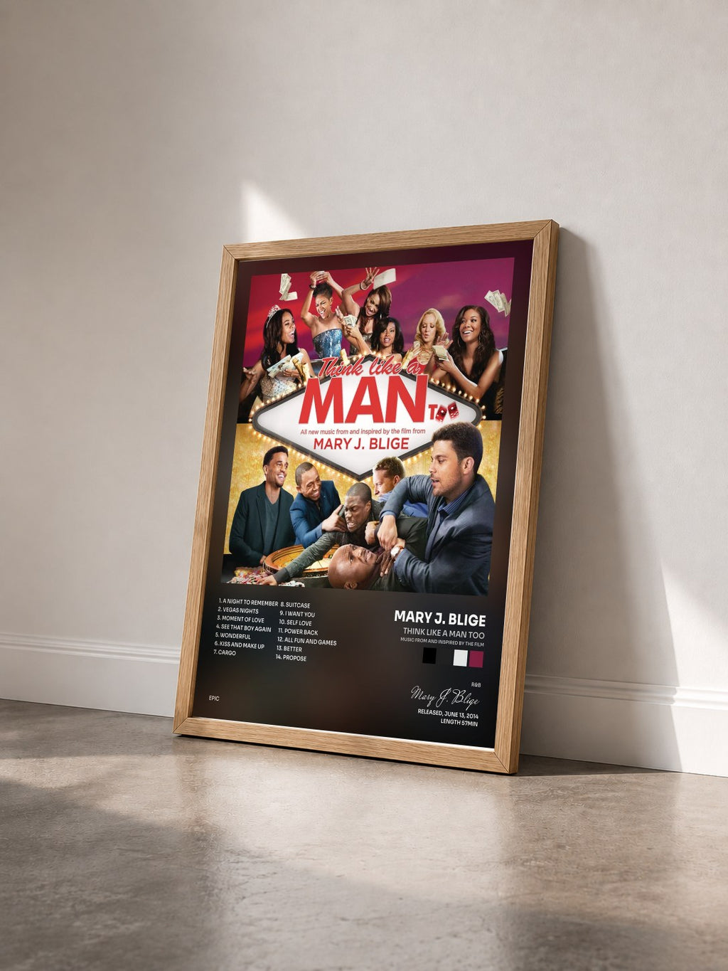 #bois Tableau de l'album Think Like a Man Too (Music from and Inspired by the Film) de Mary J. Blige vu de trois quarts, cadre en bois brut