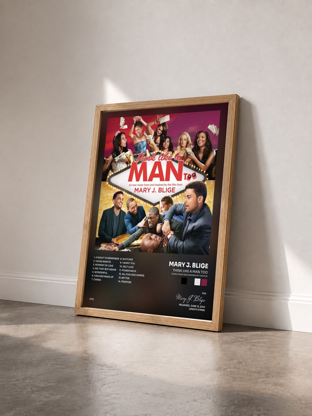 #bois Tableau de l'album Think Like a Man Too (Music from and Inspired by the Film) de Mary J. Blige vu de trois quarts, cadre en bois brut