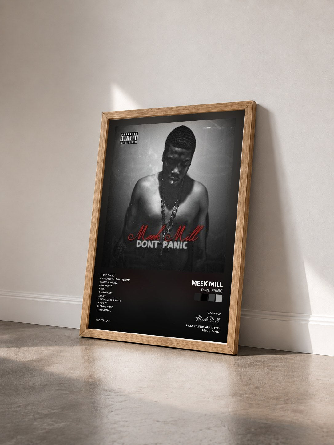 #bois Tableau de l'album Dont Panic de Meek Mill vu de trois quarts, cadre en bois brut