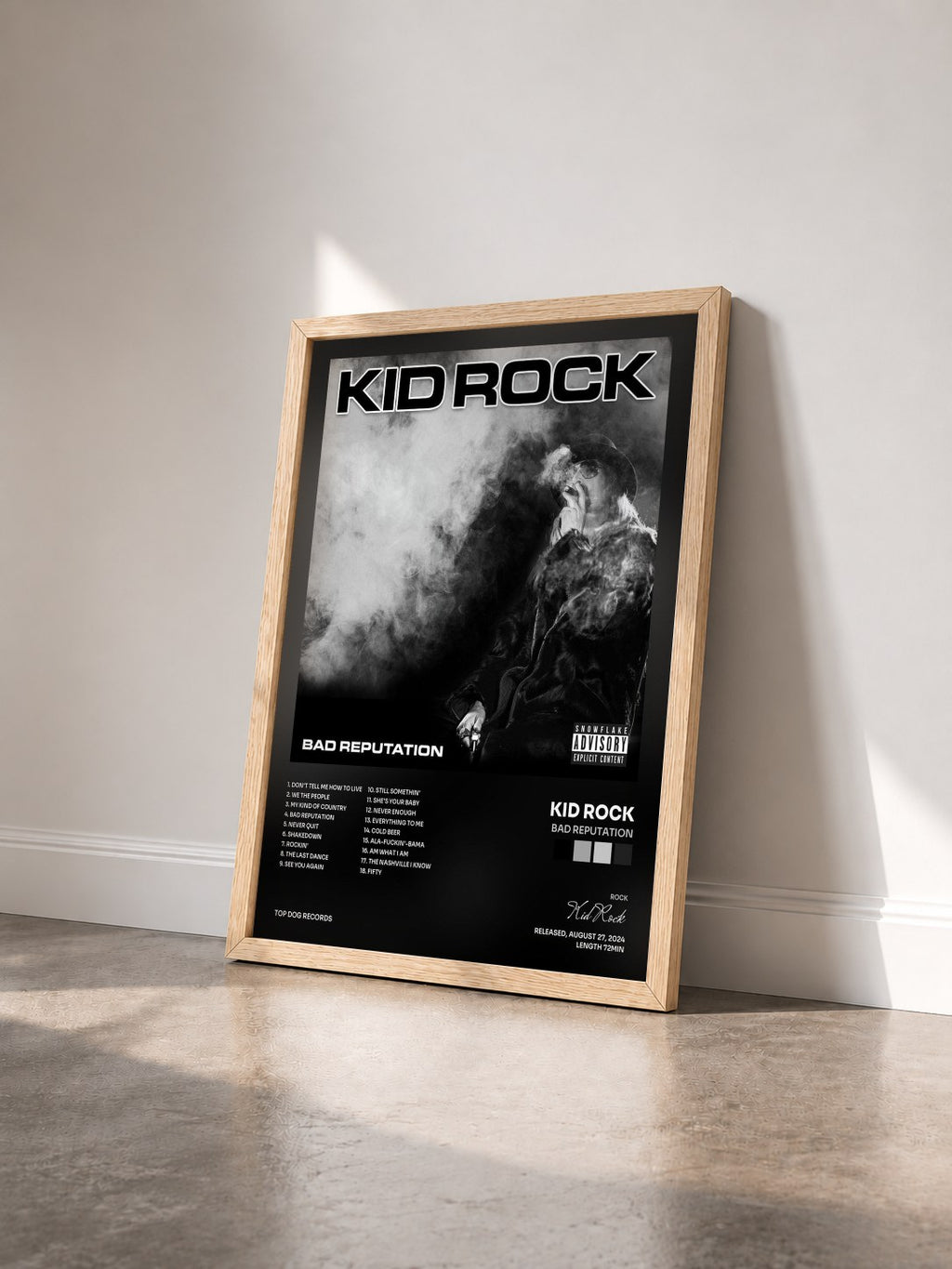 #bois Tableau de l'album Bad Reputation de Kid Rock vu de trois quarts, cadre en bois brut
