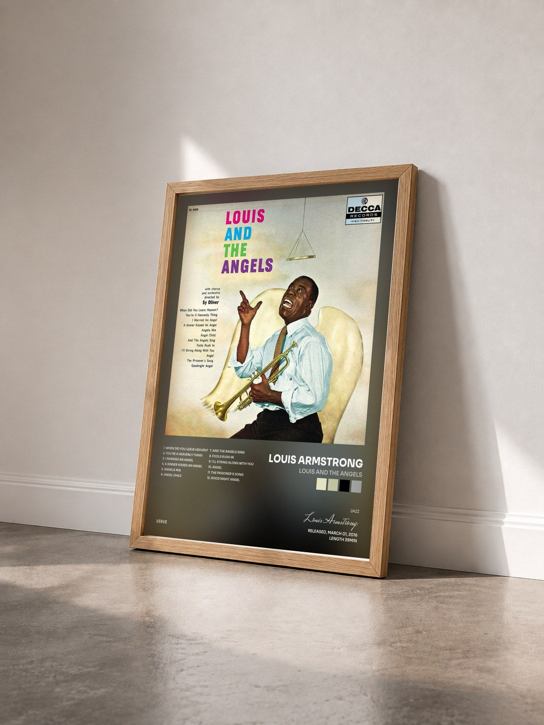 #bois Tableau de l'album Louis and the Angels de Louis Armstrong vu de trois quarts, cadre en bois brut