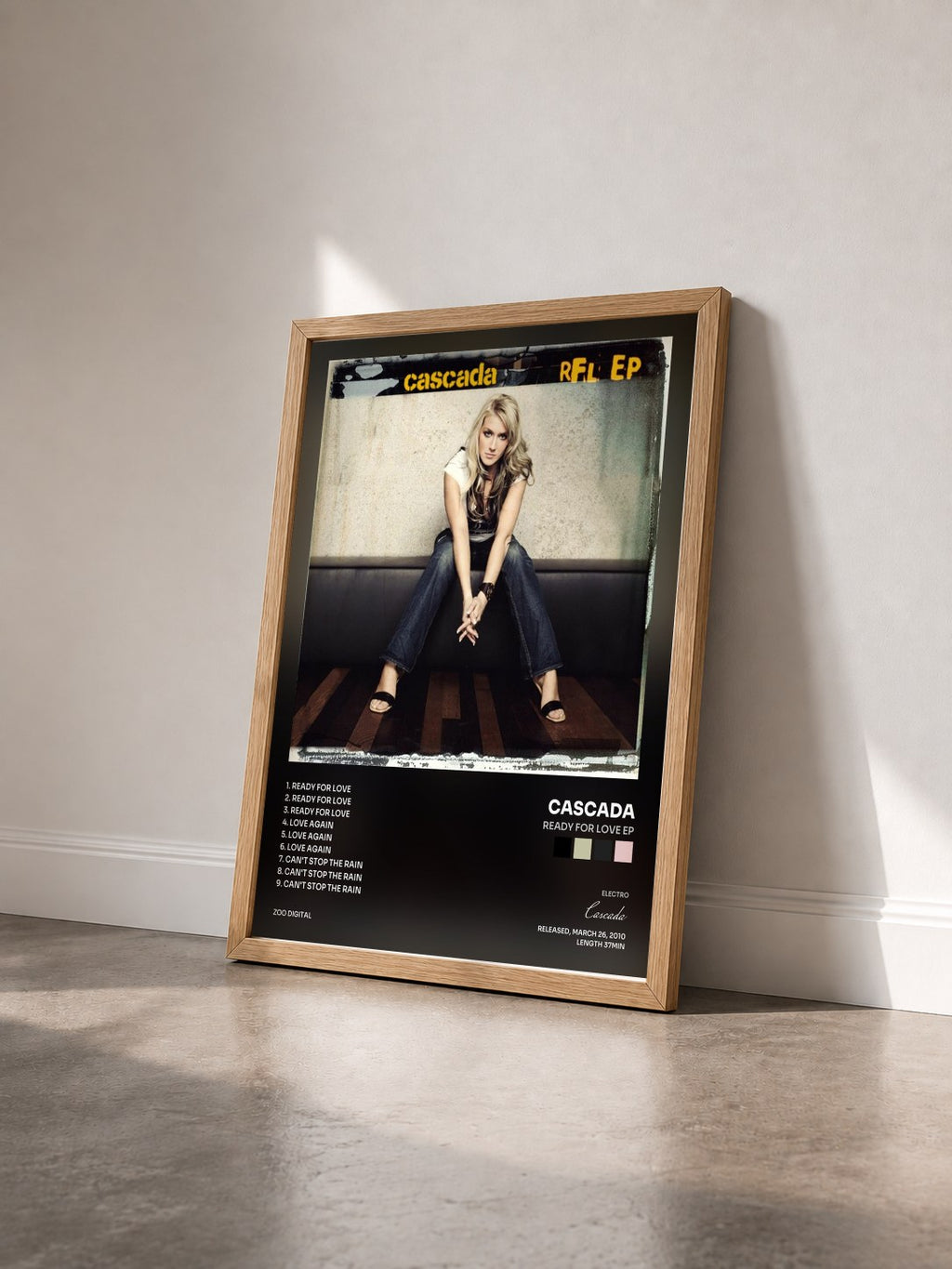 #bois Tableau de l'album Ready For Love EP de Cascada vu de trois quarts, cadre en bois brut