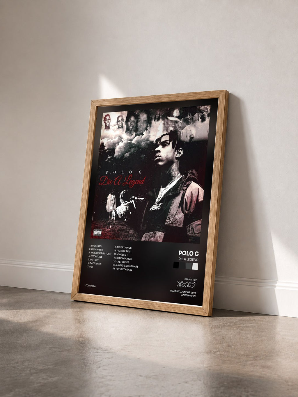 #bois Tableau de l'album Die A Legend de POLO G vu de trois quarts, cadre en bois brut