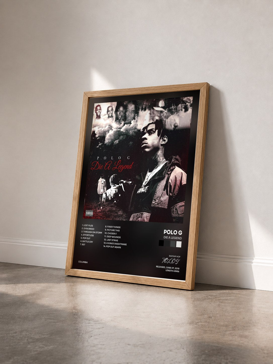 #bois Tableau de l'album Die A Legend de POLO G vu de trois quarts, cadre en bois brut