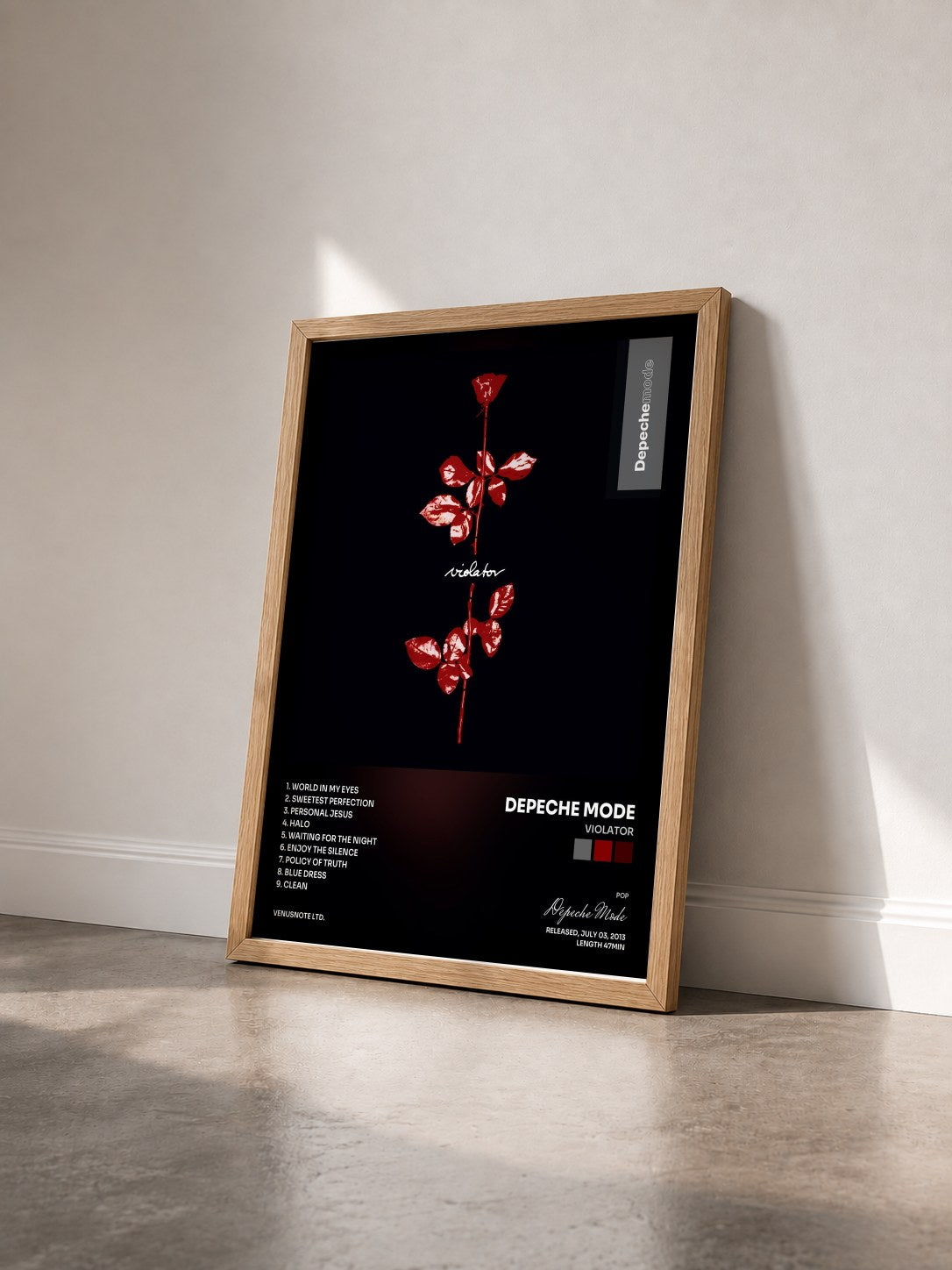#bois Tableau de l'album Violator de Depeche Mode vu de trois quarts, cadre en bois brut