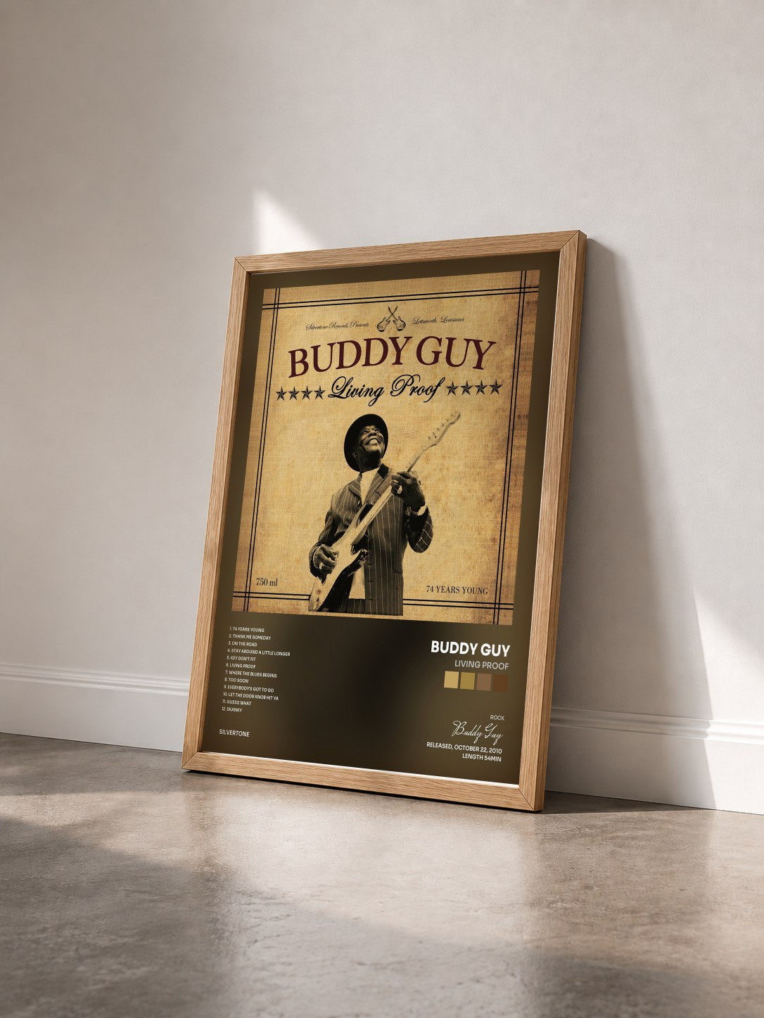 #bois Tableau de l'album Living Proof de Buddy Guy vu de trois quarts, cadre en bois brut