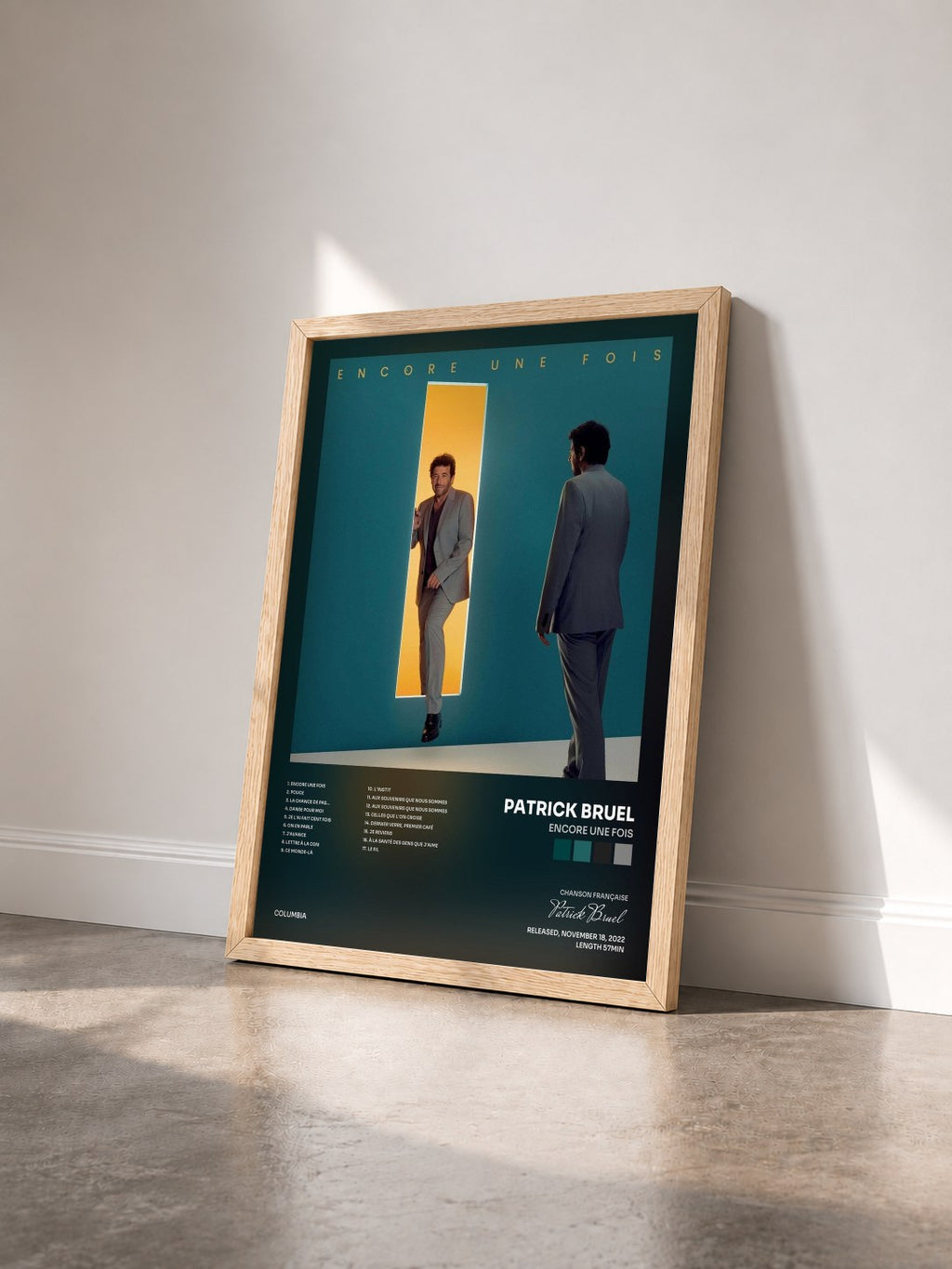 #bois Tableau de l'album Encore une fois de Patrick Bruel vu de trois quarts, cadre en bois brut