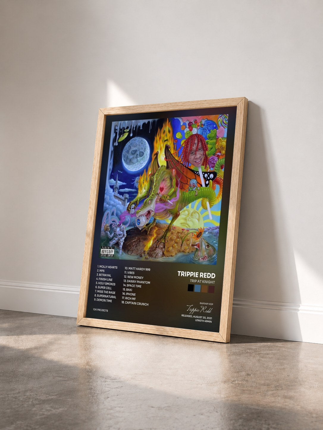 #bois Tableau de l'album Trip At Knight de Trippie Redd vu de trois quarts, cadre en bois brut