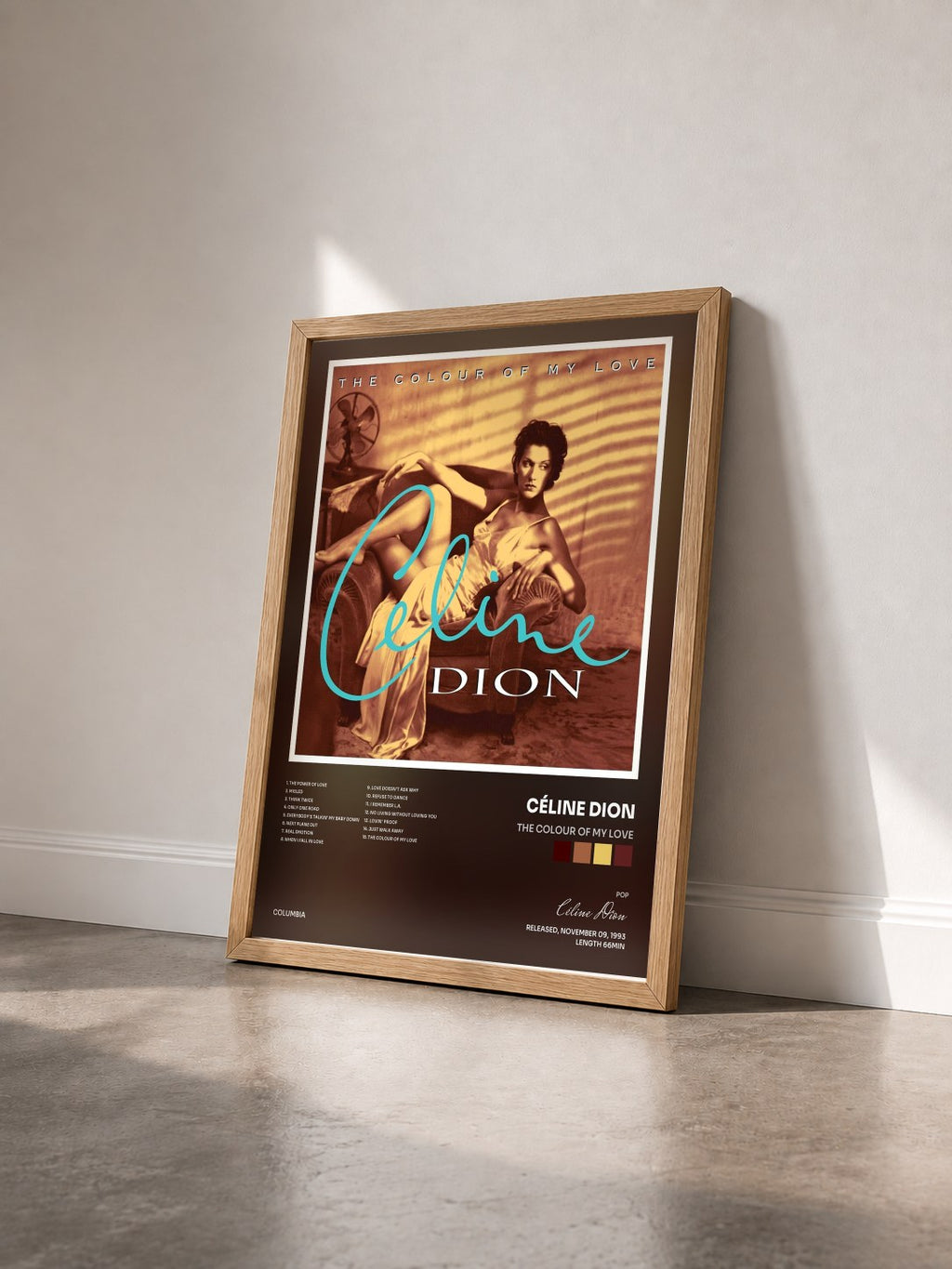 #bois Tableau de l'album The Colour Of My Love de Céline Dion vu de trois quarts, cadre en bois brut