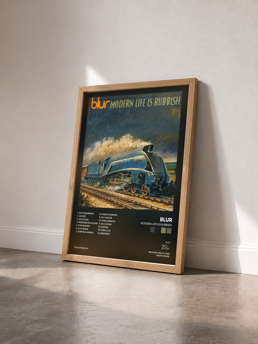 #bois Tableau de l'album Modern Life Is Rubbish de Blur vu de trois quarts, cadre en bois brut