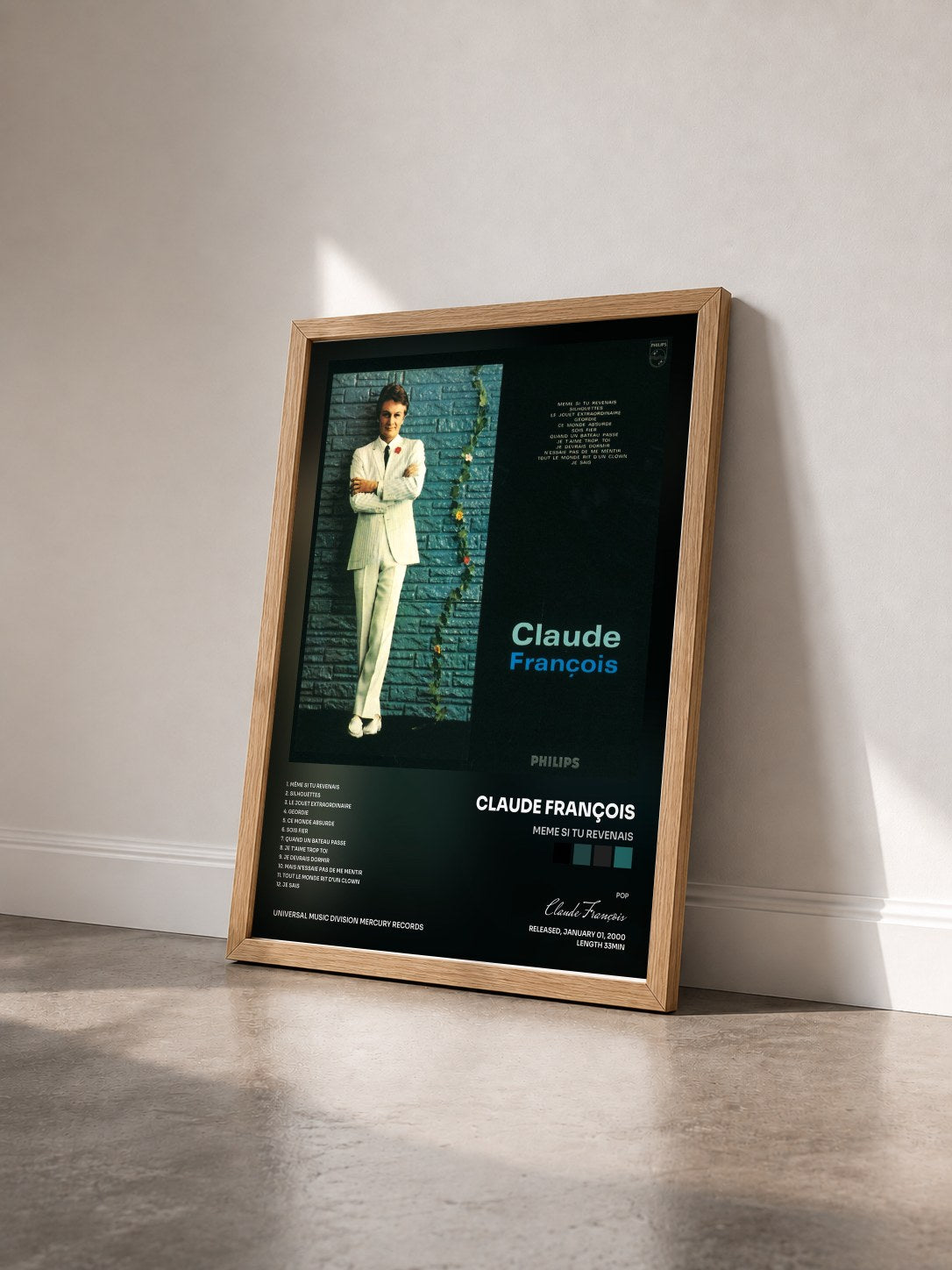 #bois Tableau de l'album Meme Si Tu Revenais de Claude François vu de trois quarts, cadre en bois brut
