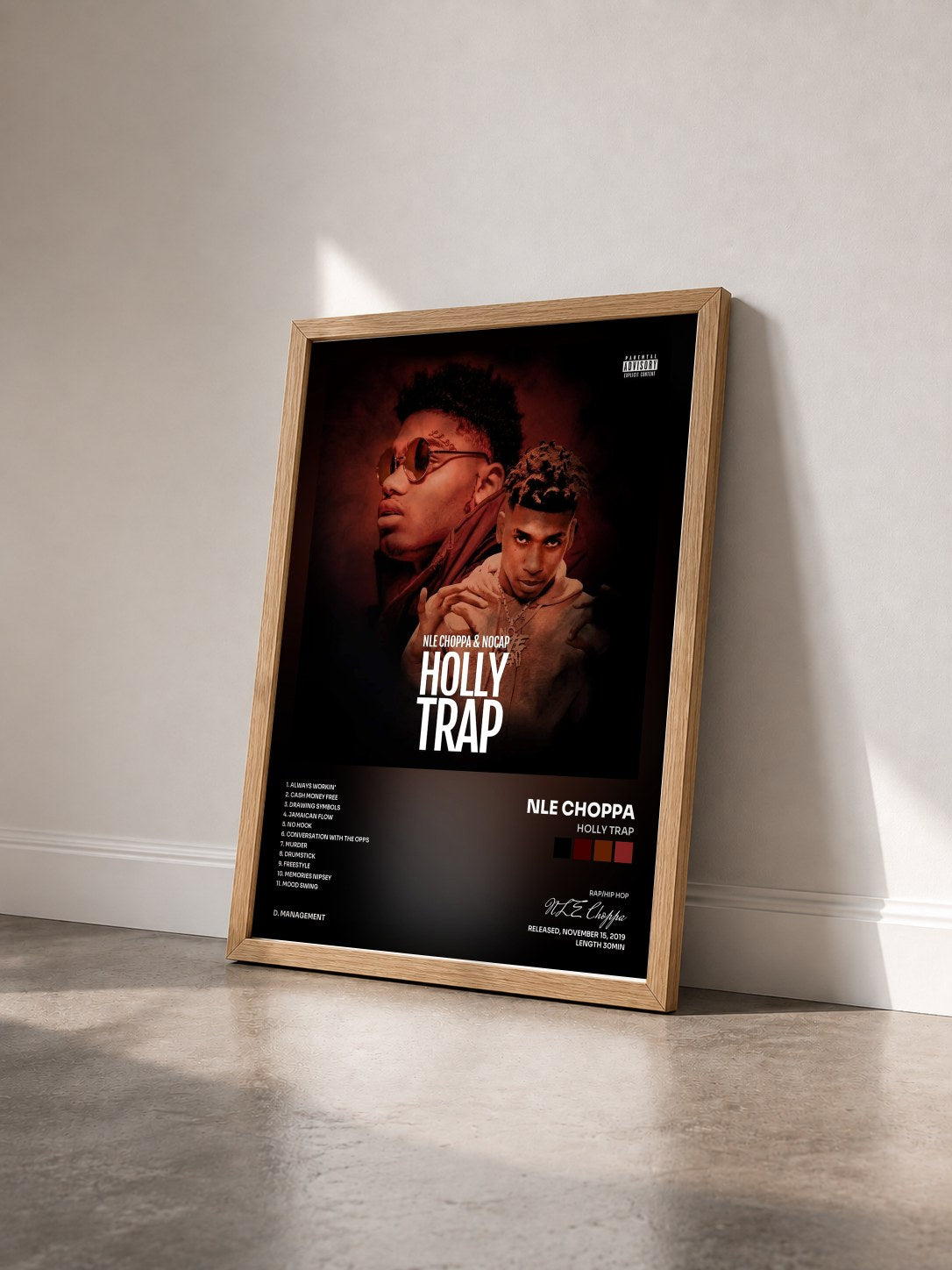 #bois Tableau de l'album Holly Trap de NLE Choppa vu de trois quarts, cadre en bois brut