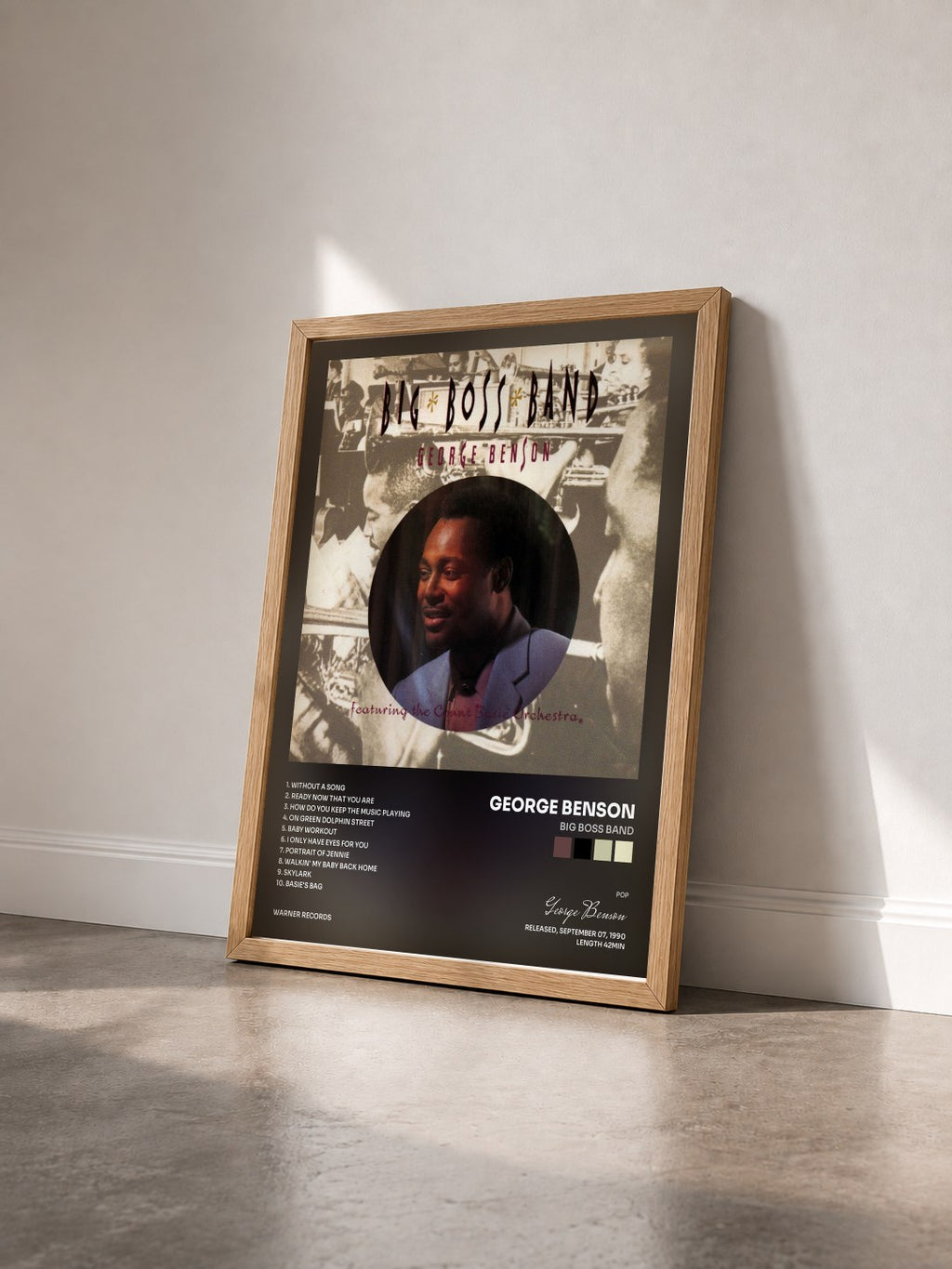 #bois Tableau de l'album Big Boss Band de George Benson vu de trois quarts, cadre en bois brut