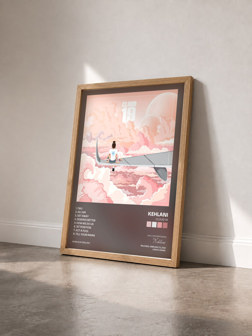#bois Tableau de l'album Cloud 19 de Kehlani vu de trois quarts, cadre en bois brut