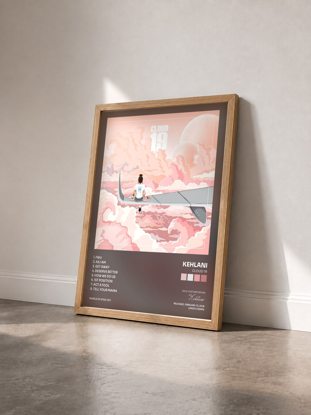 #bois Tableau de l'album Cloud 19 de Kehlani vu de trois quarts, cadre en bois brut