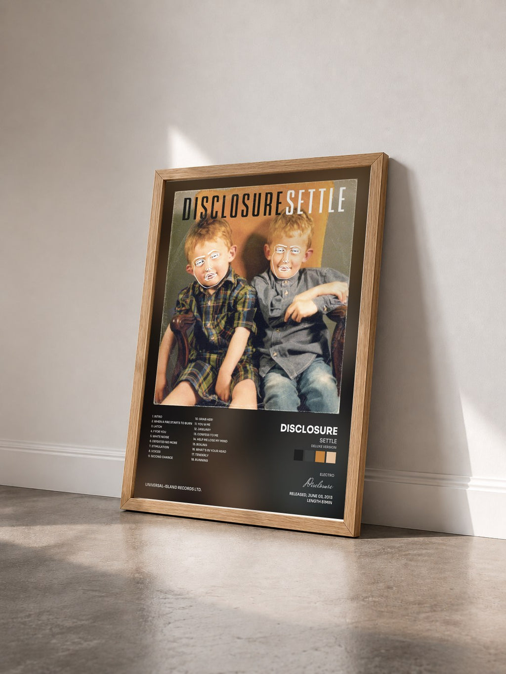 #bois Tableau de l'album Settle (Deluxe Version) de Disclosure vu de trois quarts, cadre en bois brut